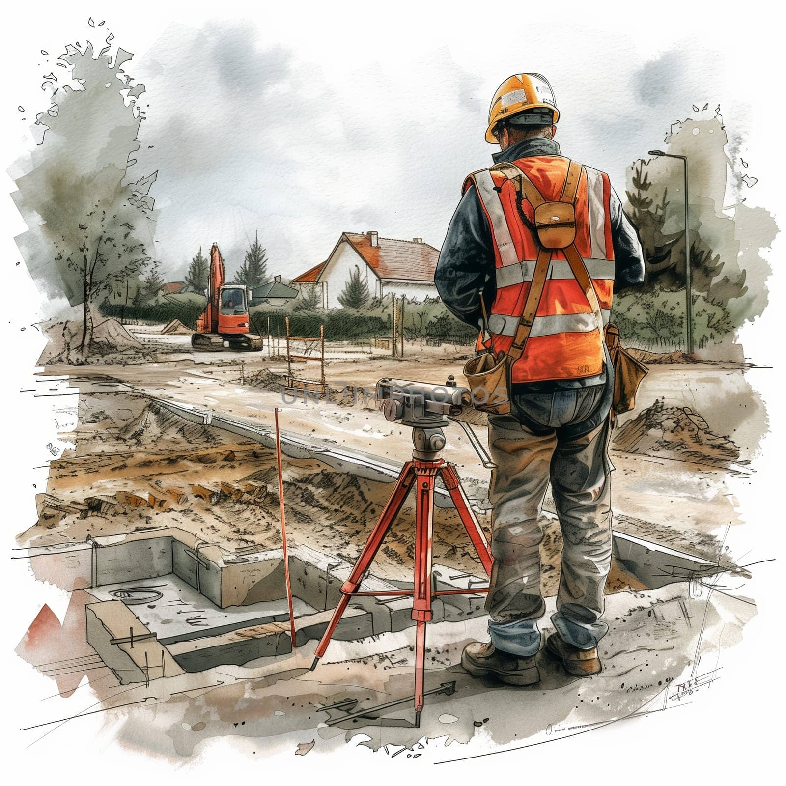 A construction worker is seen standing confidently in front of a camera, wearing a hard hat and safety gear. The worker is looking directly at the camera, with a construction site visible in the background.