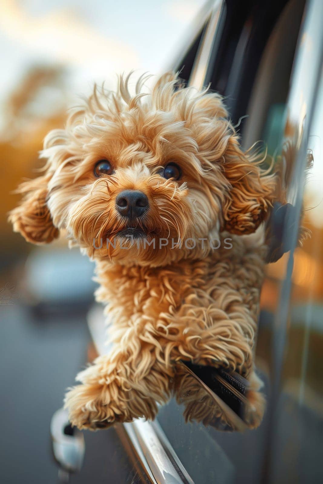A small dog with a fluffy coat is sitting in a car window. The dog is looking out the window and he is enjoying the view