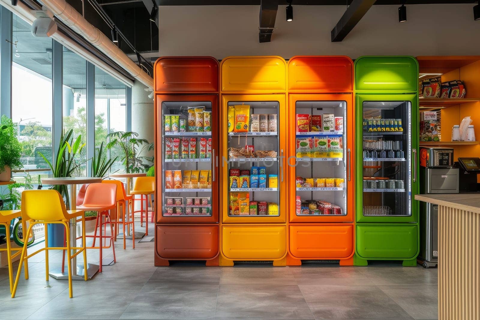 A colorful vending machine with a variety of food and drinks.