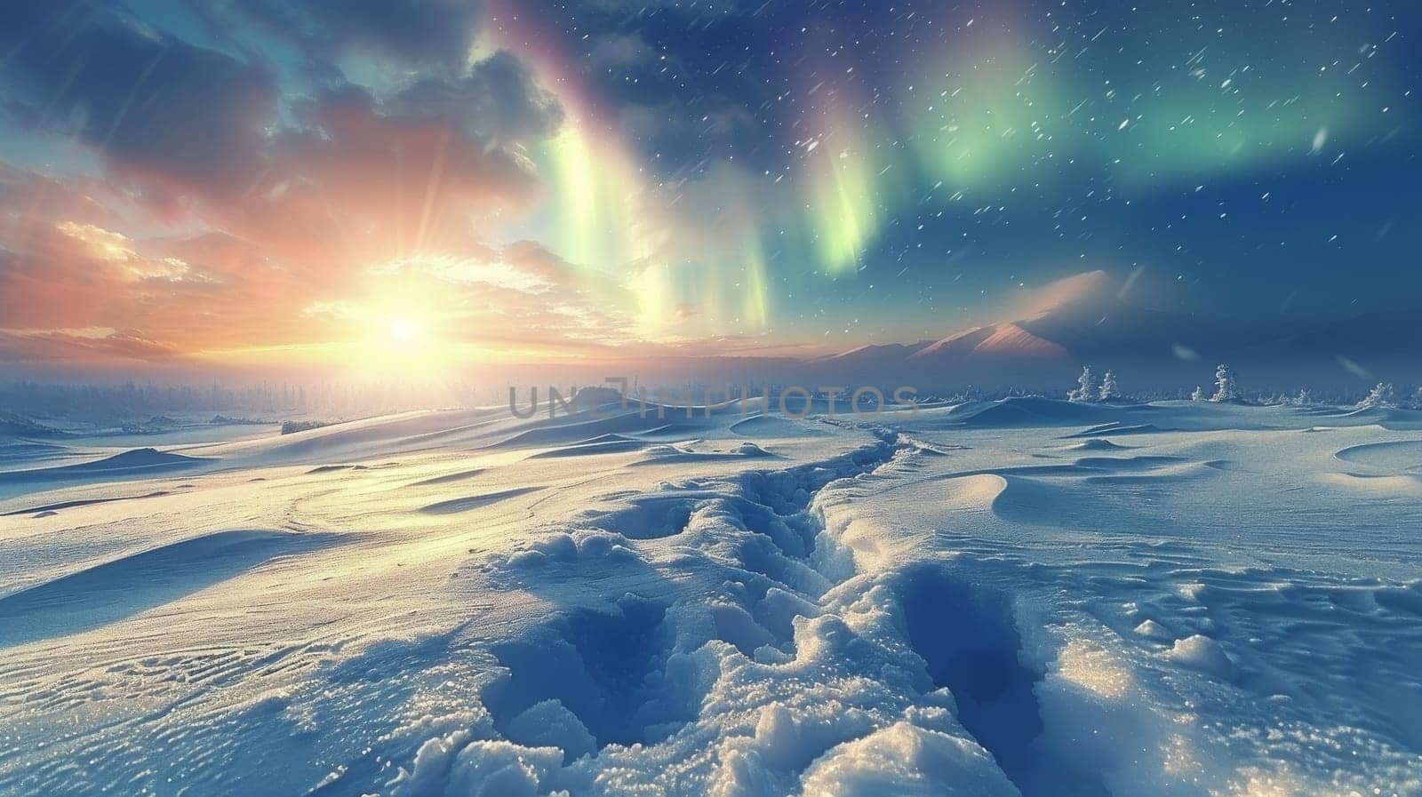 A beautiful, serene landscape of a snowy field with a bright sun in the background. The sky is filled with auroras, creating a sense of wonder and awe. The scene evokes a feeling of tranquility