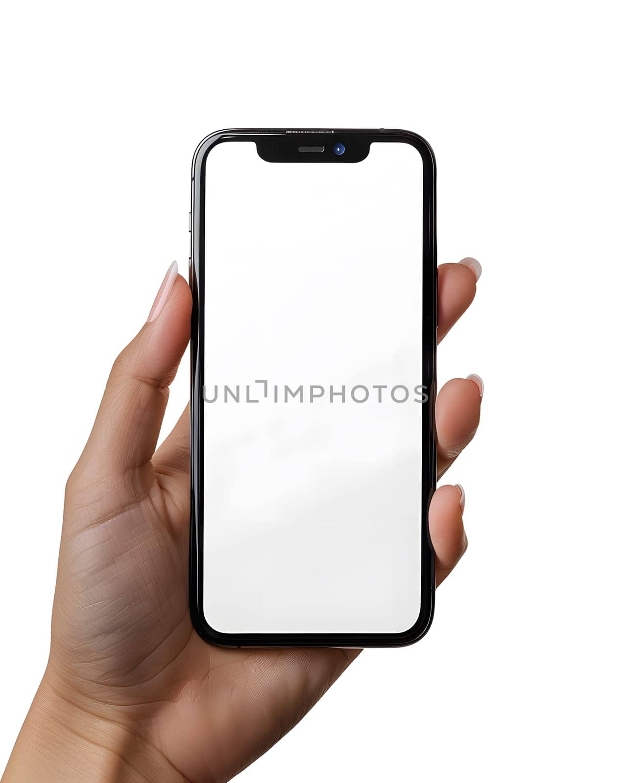 A hand is holding a mobile phone with a white screen, displaying no text. The rectangular communication device is a modern gadget controlled by gestures of fingers and thumbs