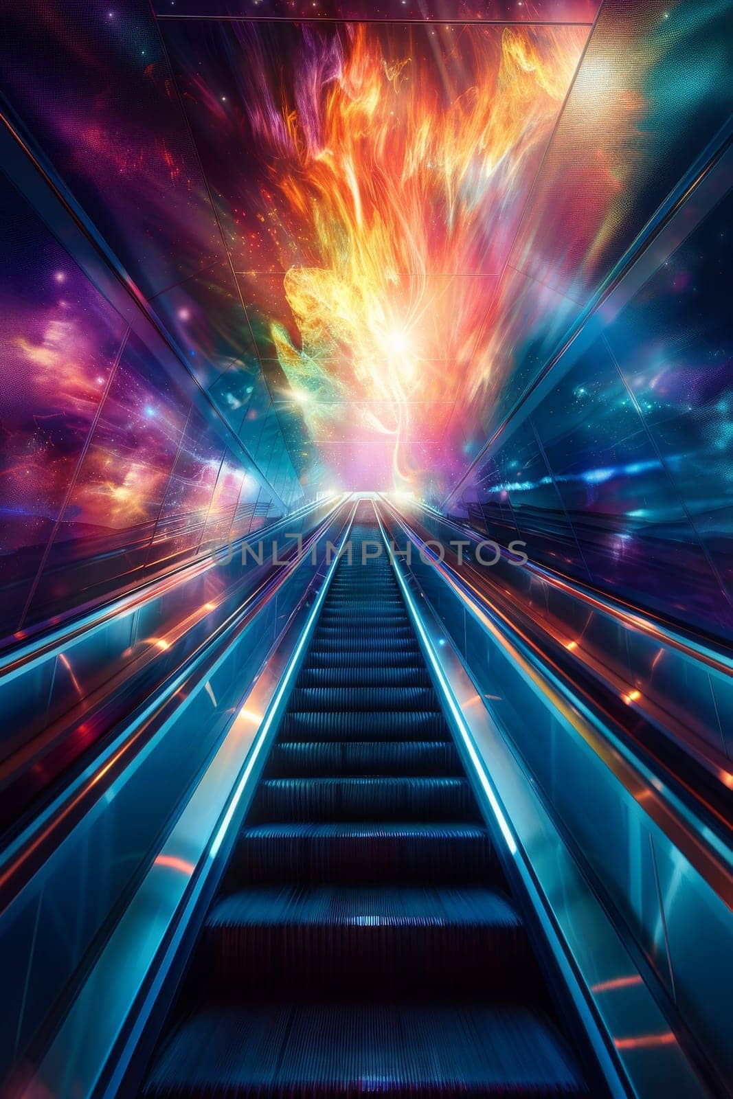 A colorful escalator with bright lights and a rainbow effect. The escalator is long and winding, with stairs leading up to the top