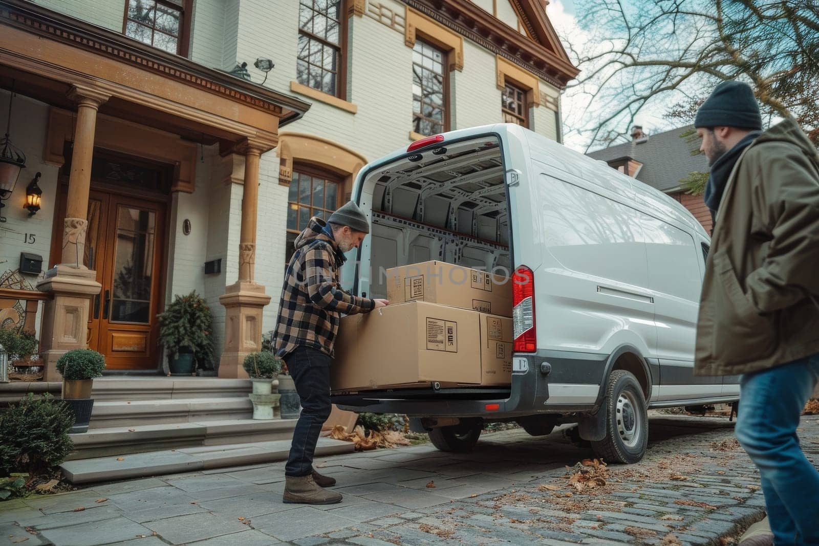 Two men are carrying a couch out of a white van. Moving House concept..