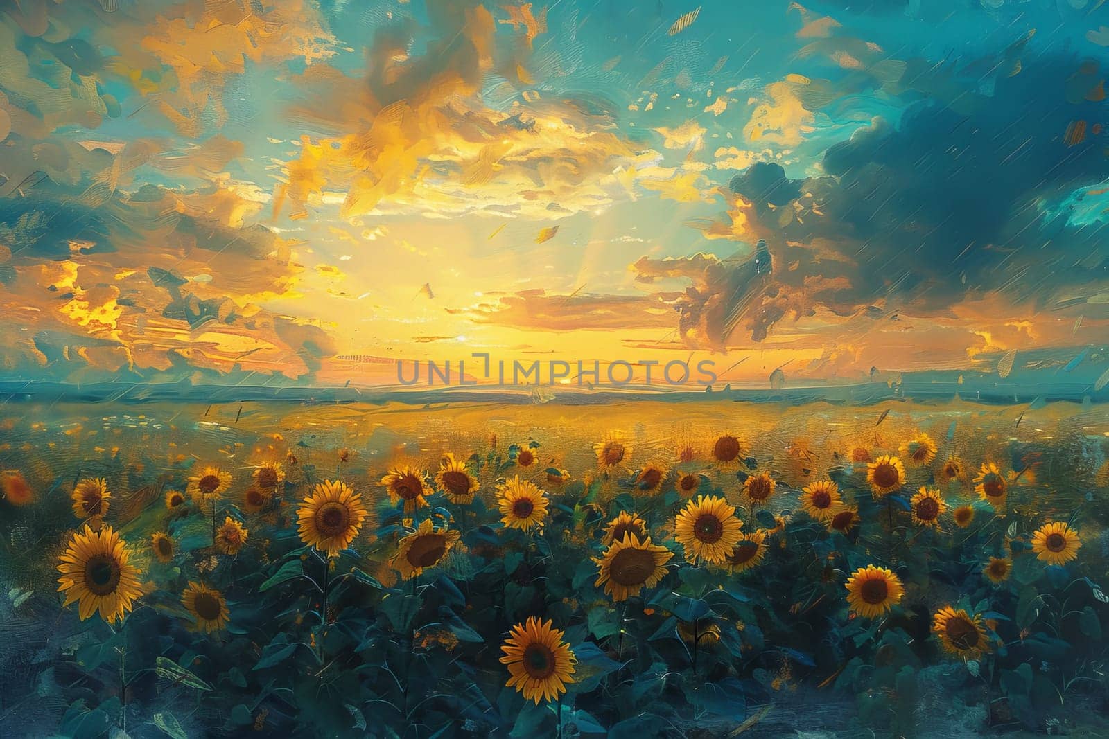 A painting of a field of sunflowers with a cloudy sky in the background. The painting conveys a sense of tranquility and beauty, as the sunflowers are the main focus
