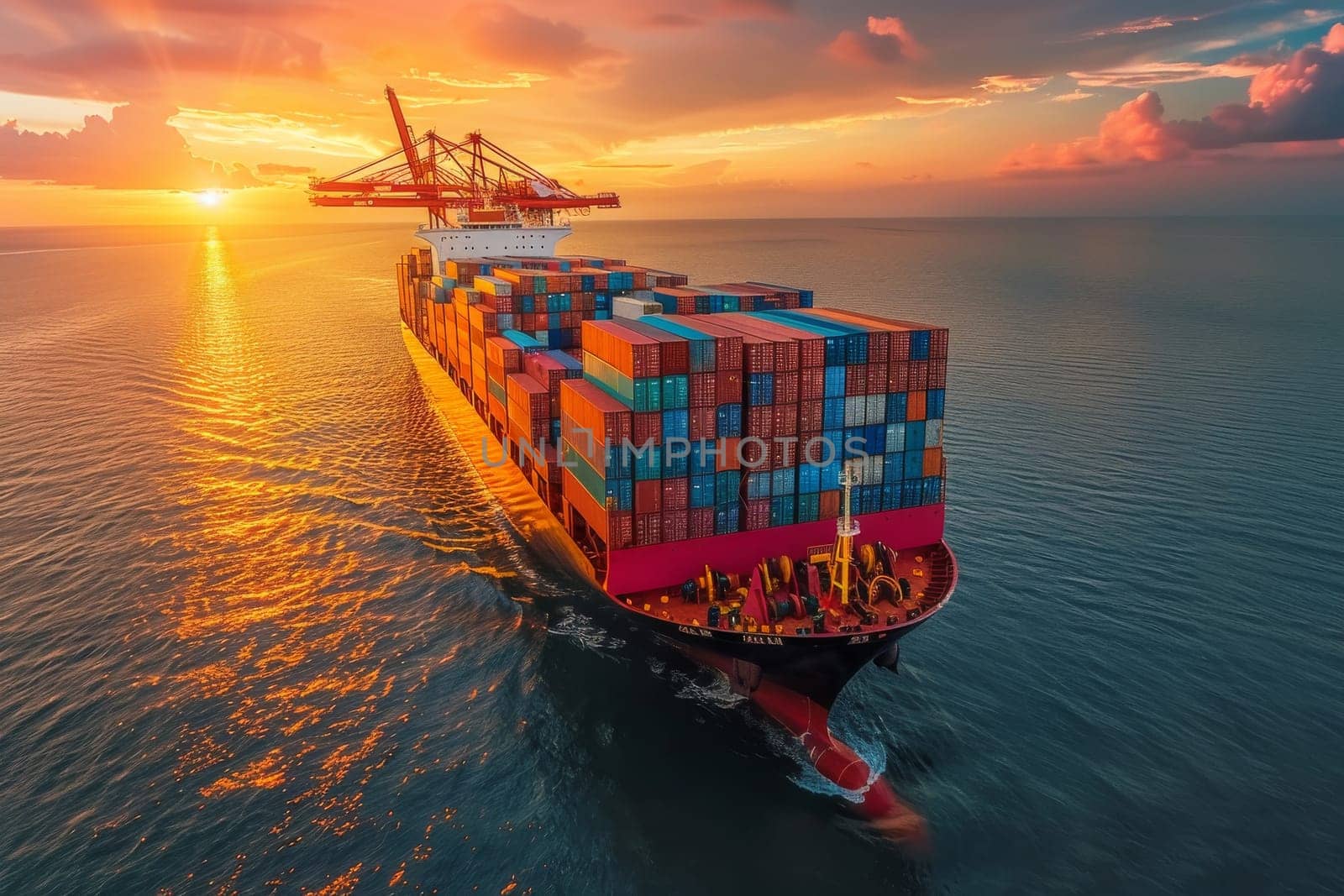 A large red ship is sailing on the ocean with the sun setting in the background. The ship is carrying a large number of containers, and the sky is filled with clouds