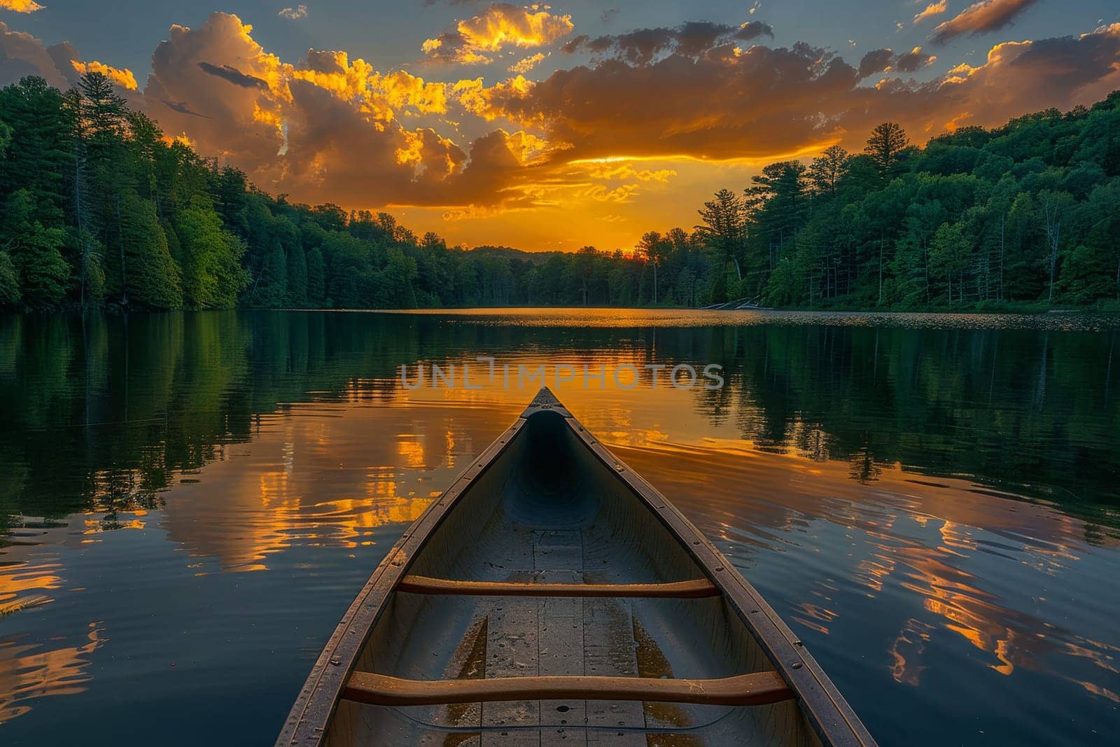 A canoe is floating on a lake at sunset. The sky is orange and the water is calm
