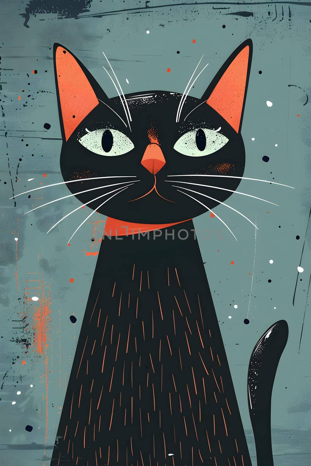 A black Felidae with orange ears, red collar, whiskers painting for the camera by Nadtochiy