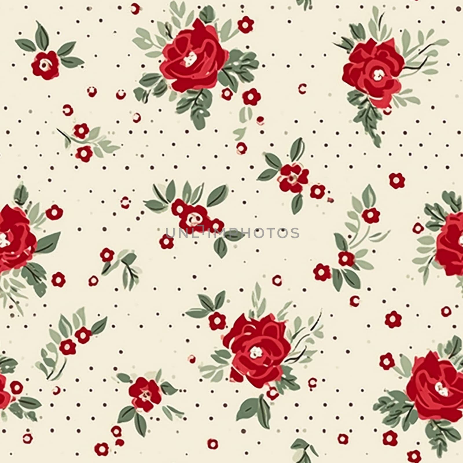 Seamless pattern, tileable Christmas holiday floral, country flowers dots print, English countryside roses for wallpaper, wrapping paper, scrapbook, fabric and product design motif