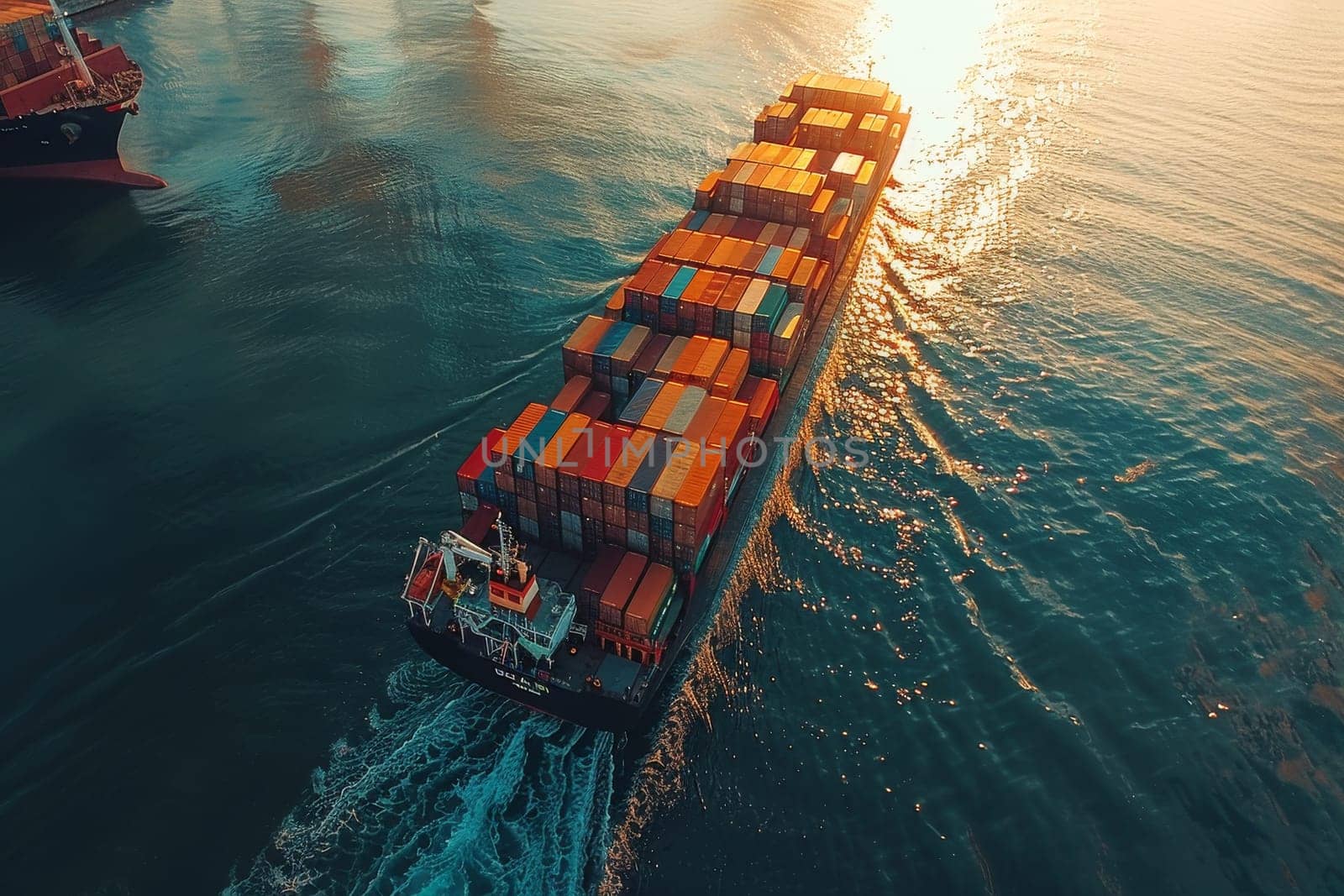 A large red ship is sailing on the ocean with the sun setting in the background. The ship is carrying a large number of containers, and the sky is filled with clouds