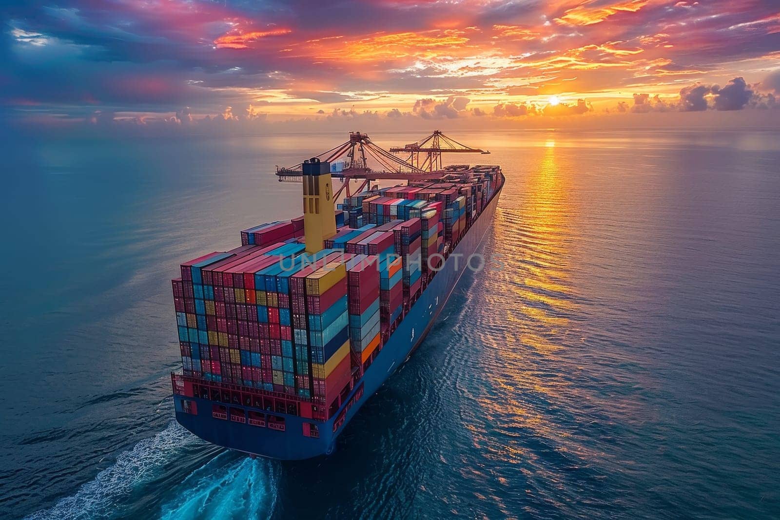 A large red ship is sailing on the ocean with the sun setting in the background. The ship is carrying a large number of containers, and the sky is filled with clouds