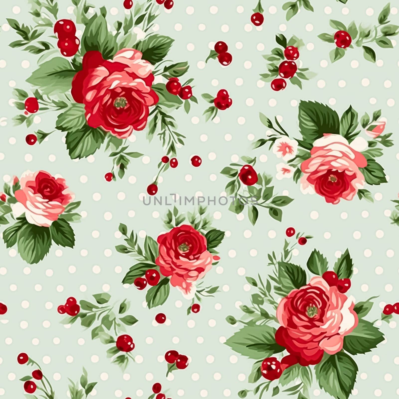 Seamless pattern, tileable Christmas holiday floral, country flowers dots print, English countryside roses for wallpaper, wrapping paper, scrapbook, fabric and product design motif