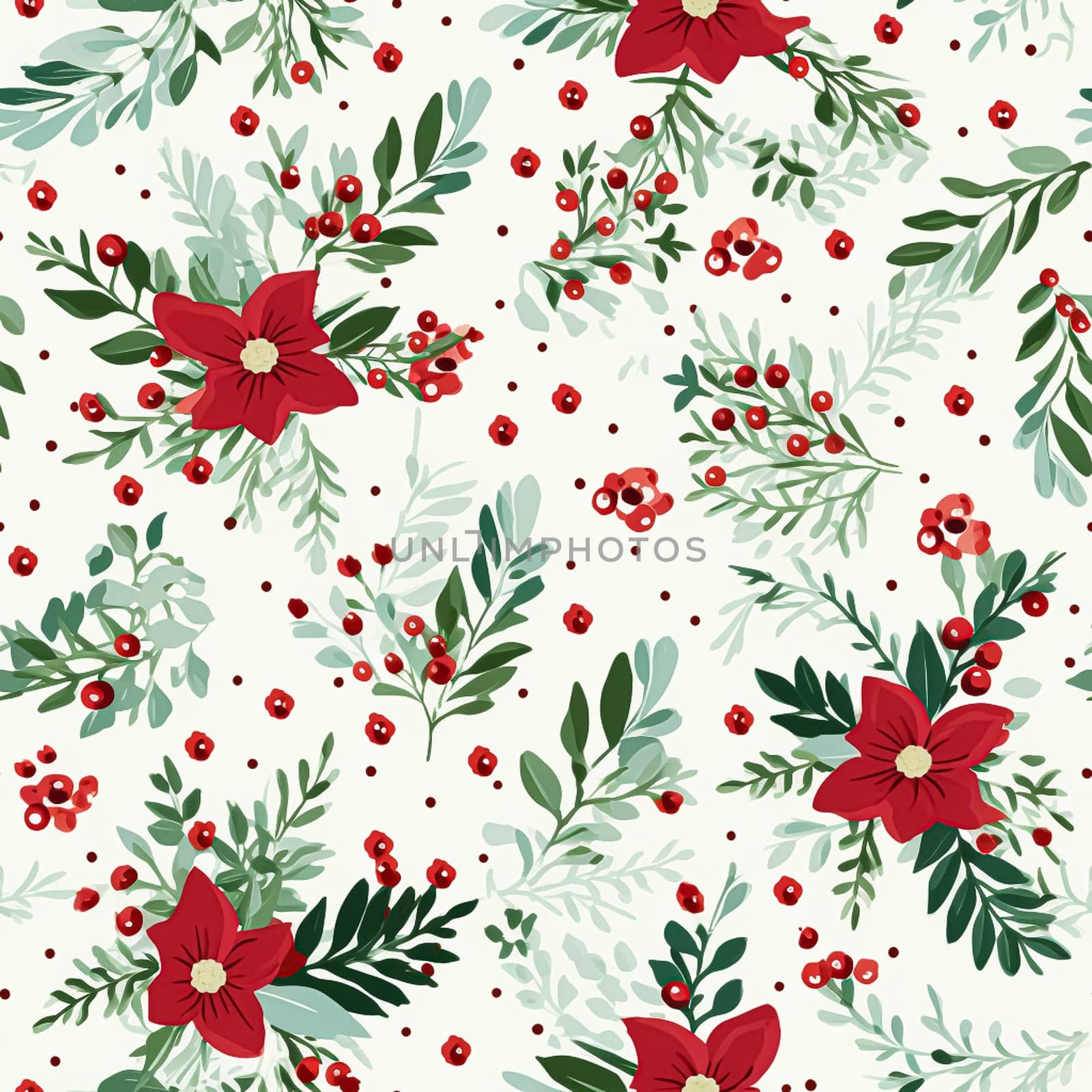 Seamless pattern, tileable Christmas holiday floral country dots print, English countryside flowers for wallpaper, wrapping paper, scrapbook, fabric and product design motif