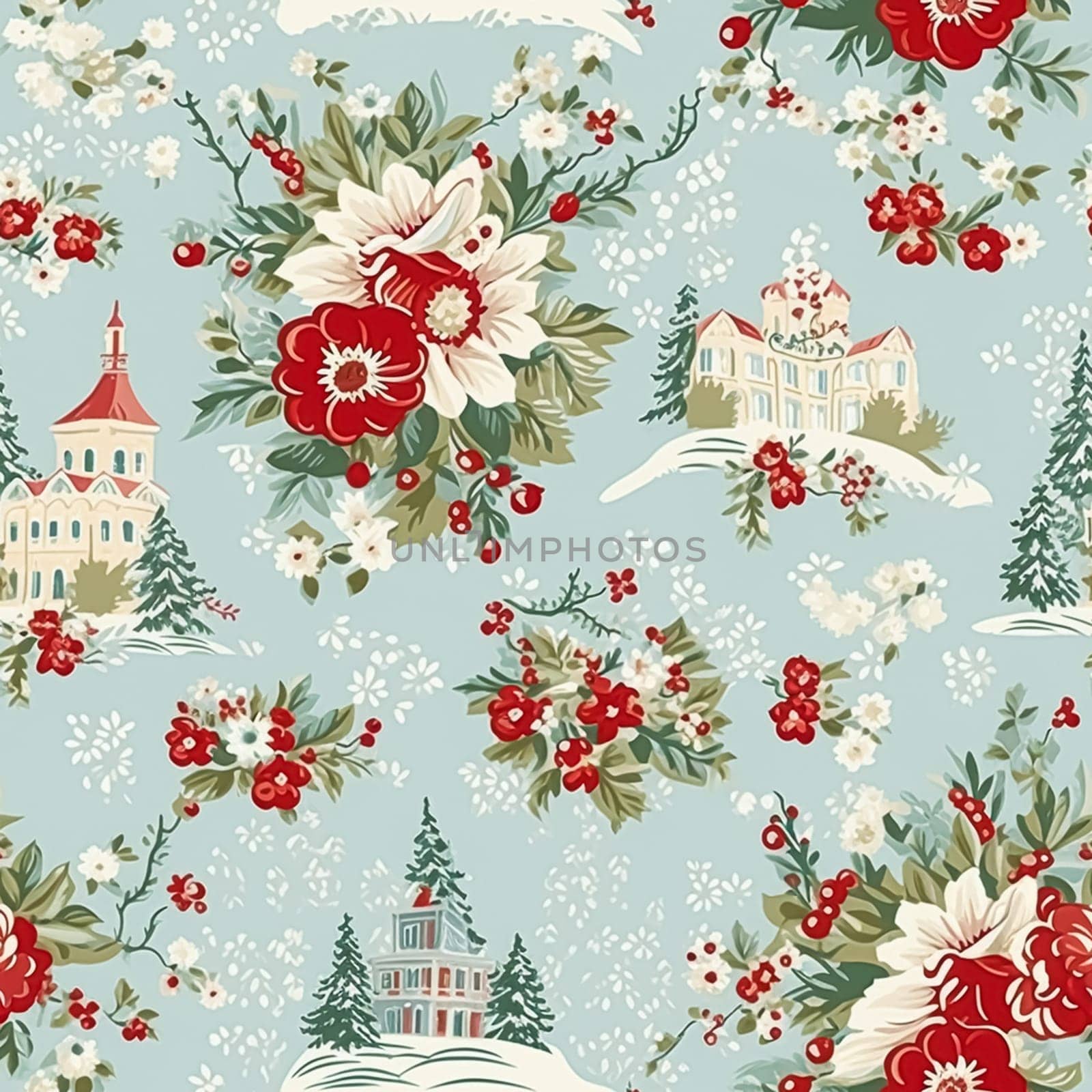 Seamless pattern, tileable Christmas holiday country house, floral dots print, English countryside for wallpaper, wrapping paper, scrapbook, fabric and product design motif