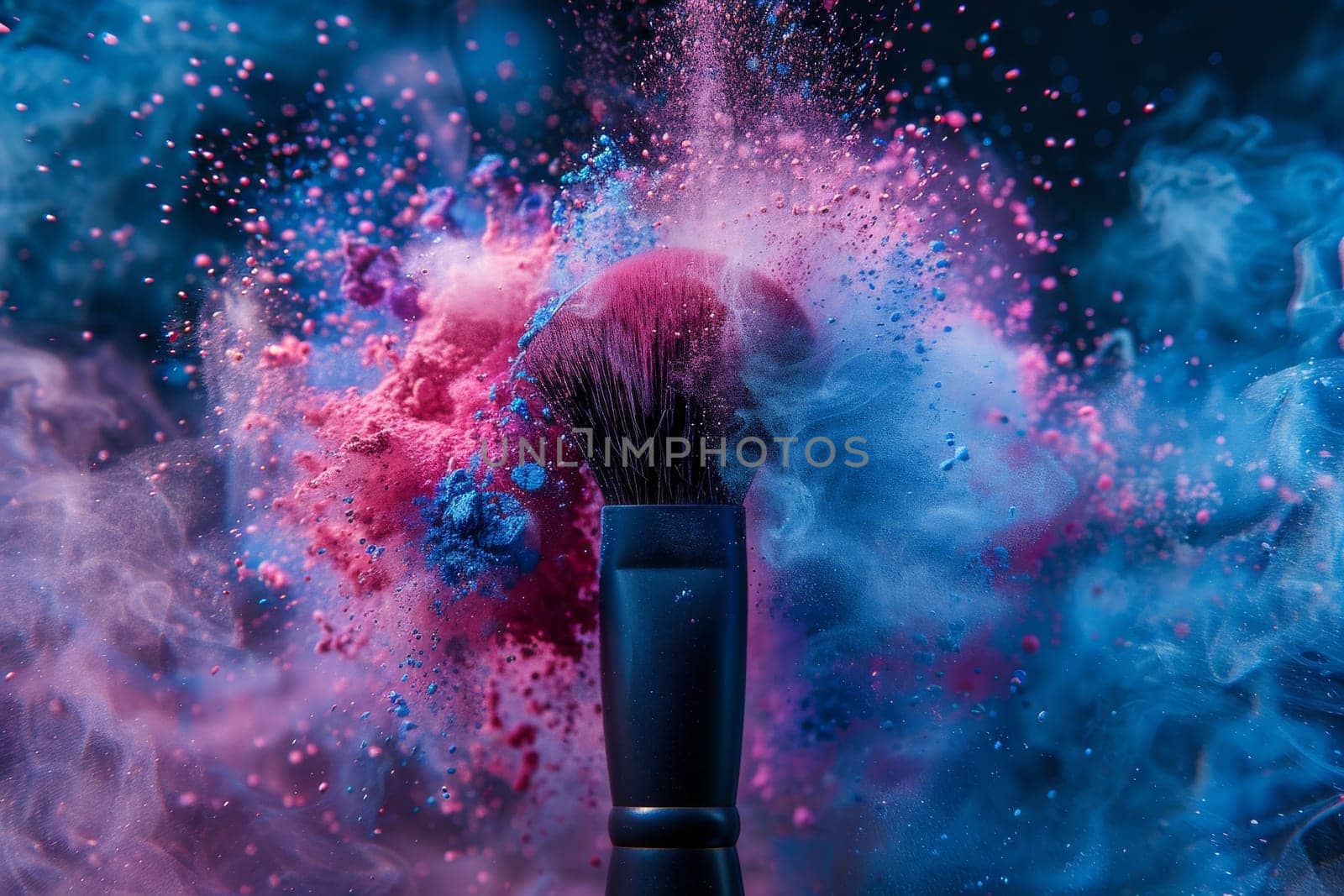 A makeup brush is covered in colorful powder, creating a vibrant and energetic atmosphere. The brush is surrounded by a cloud of smoke, adding to the dramatic effect