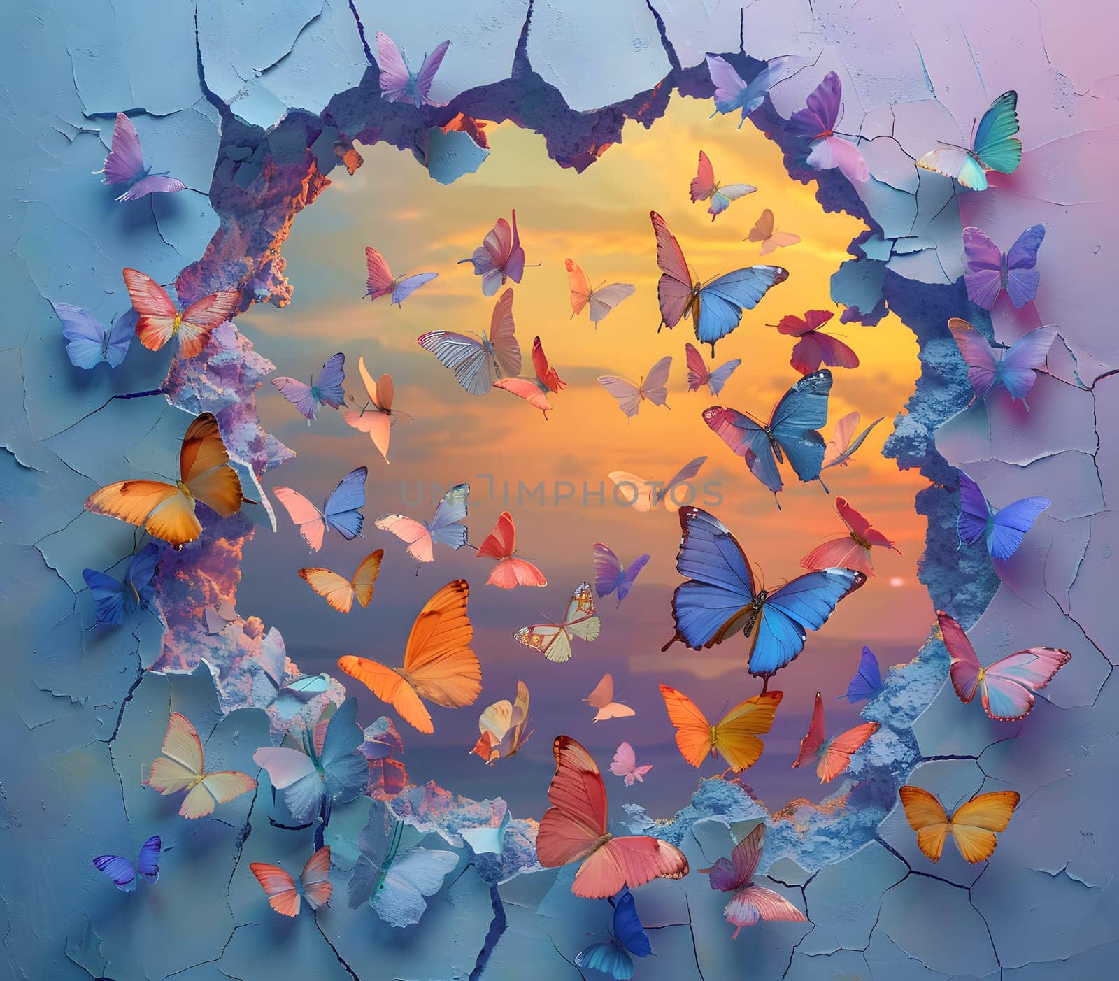 Butterflies fluttering near a hole, attracted by orange paint by Nadtochiy