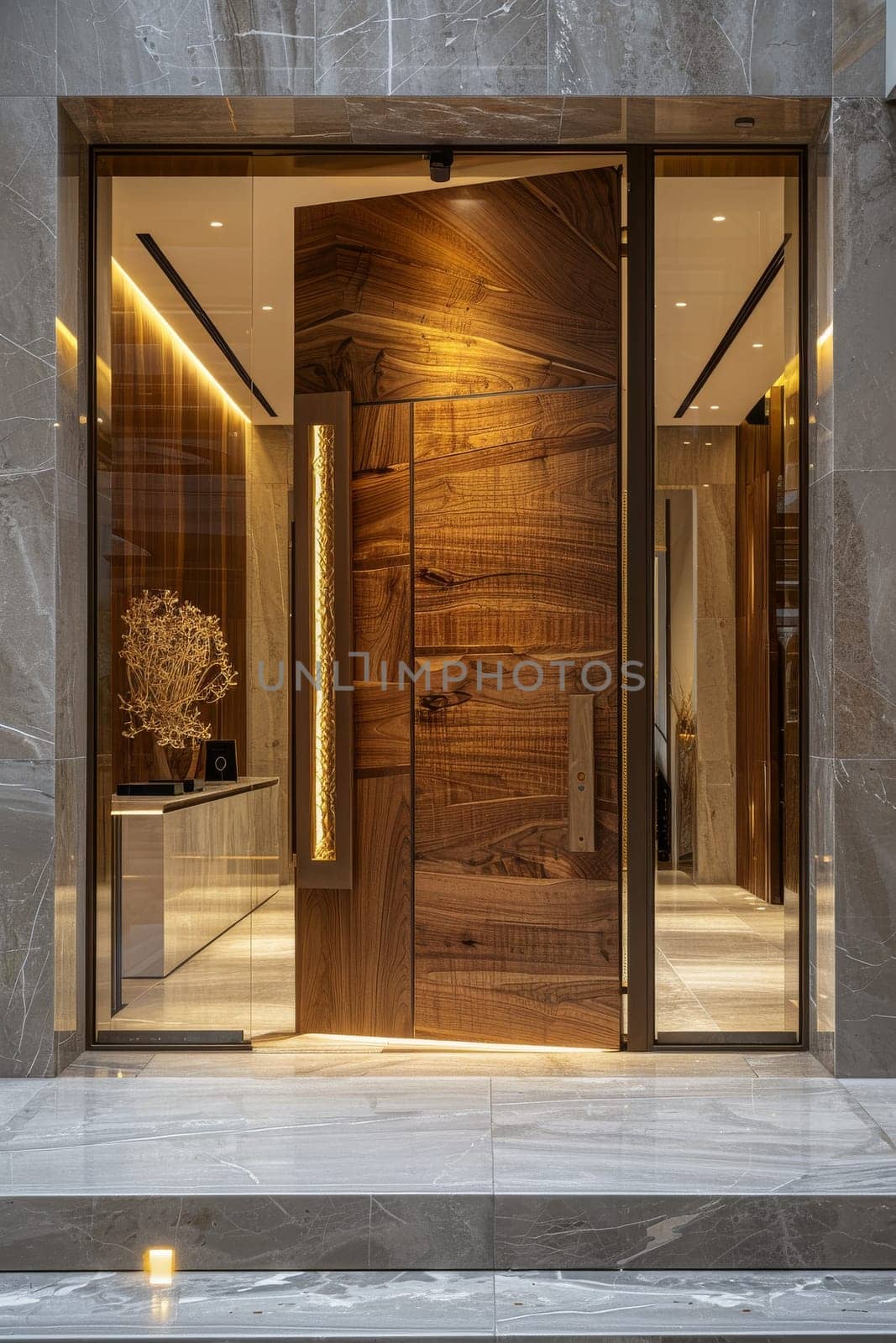 A large wooden door with a glass panel in front of it. The door is open and there is a vase on the floor in front of it. The room is well lit and has a modern feel
