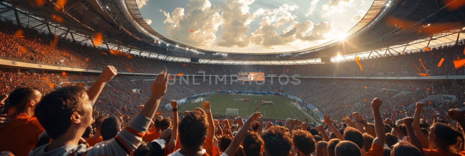 Sports fans cheering during a match in a stadium