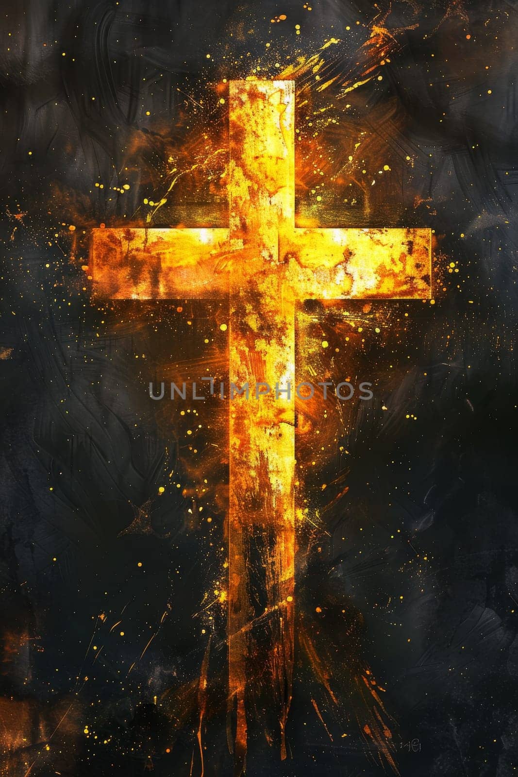 A cross is shown in a black background with gold paint dripping from it. The cross is surrounded by a lot of fire and smoke, giving it a dramatic and intense appearance