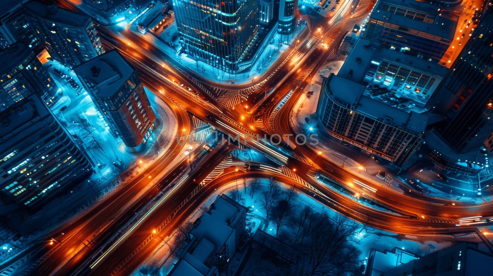 A city at night with a large round highway in the middle. The highway is lit up with blue lights