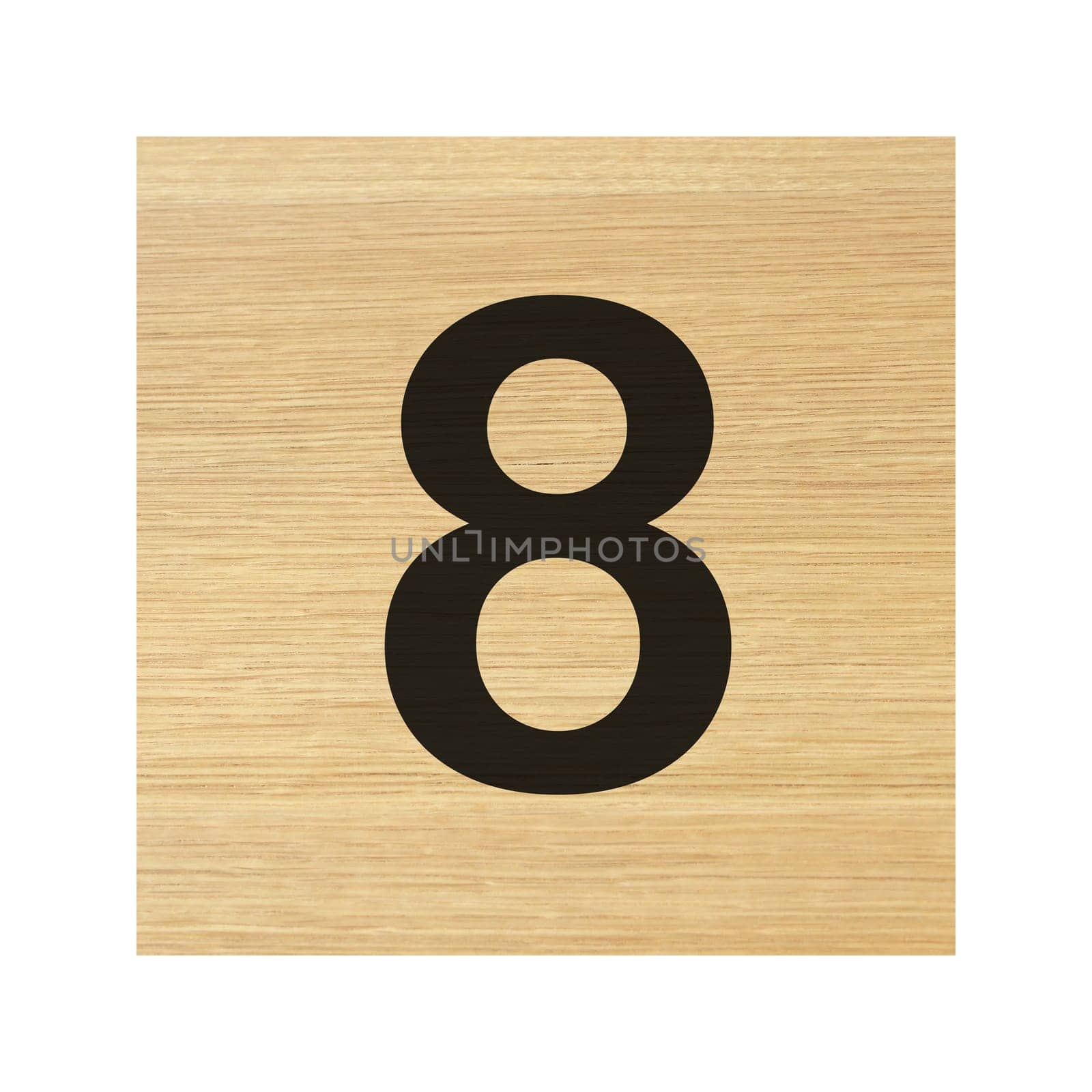 An Eight 8 wood block on white with clipping path
