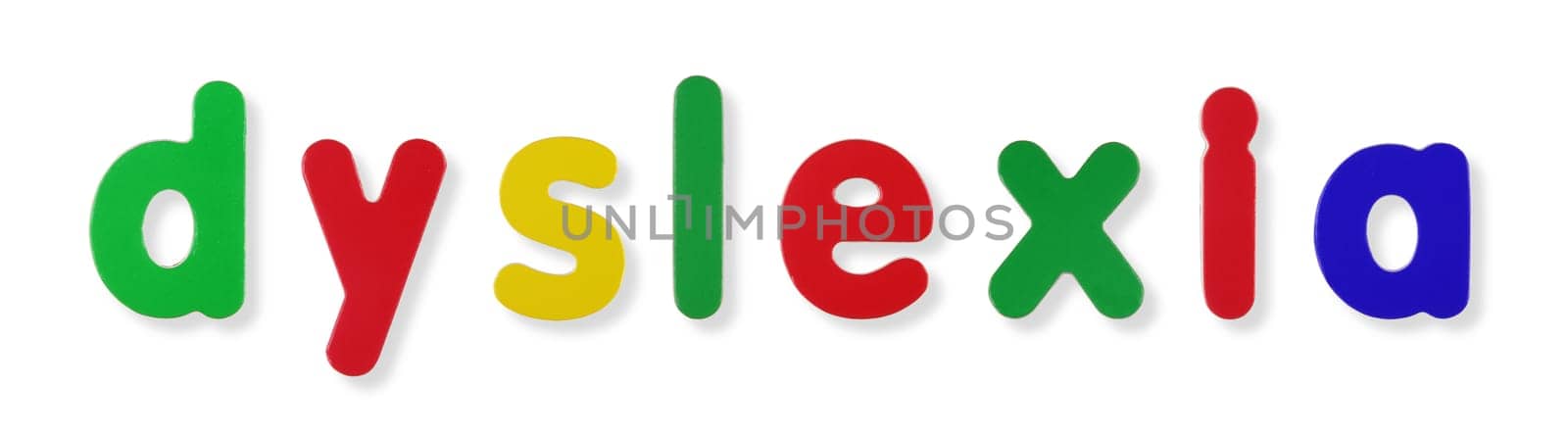 A dyslexia word in coloured magnetic letters on white with clipping path to remove shadow