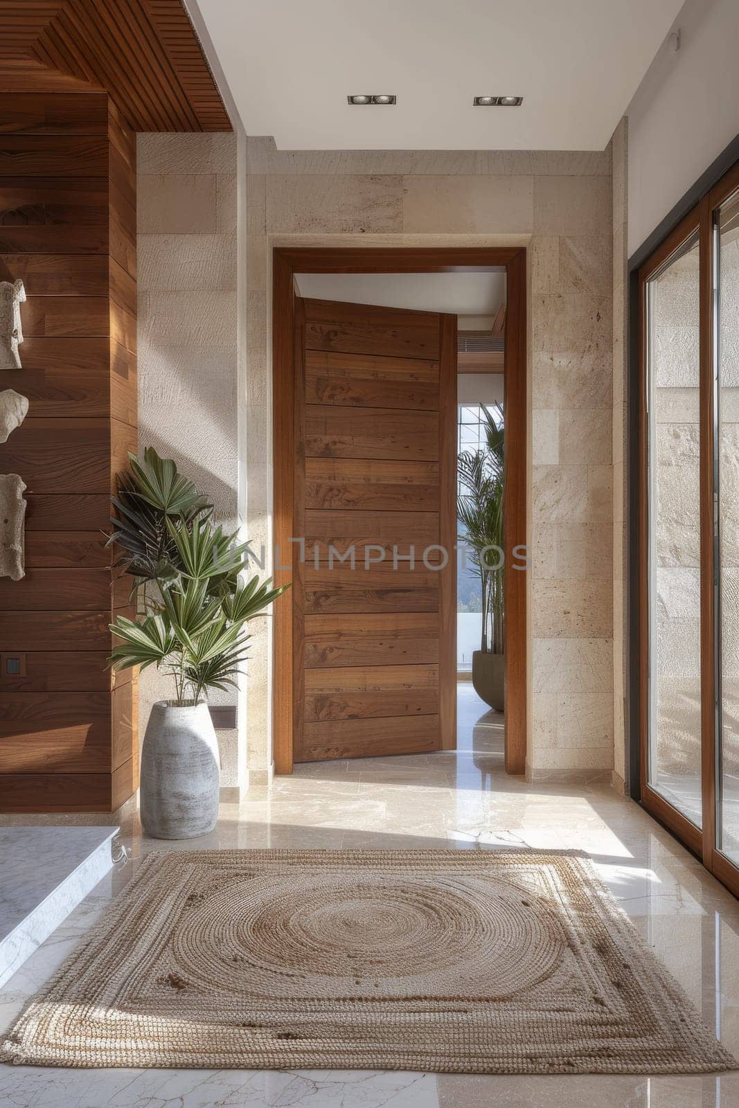A large wooden door with a glass panel in front of it. The door is open and there is a vase on the floor in front of it. The room is well lit and has a modern feel