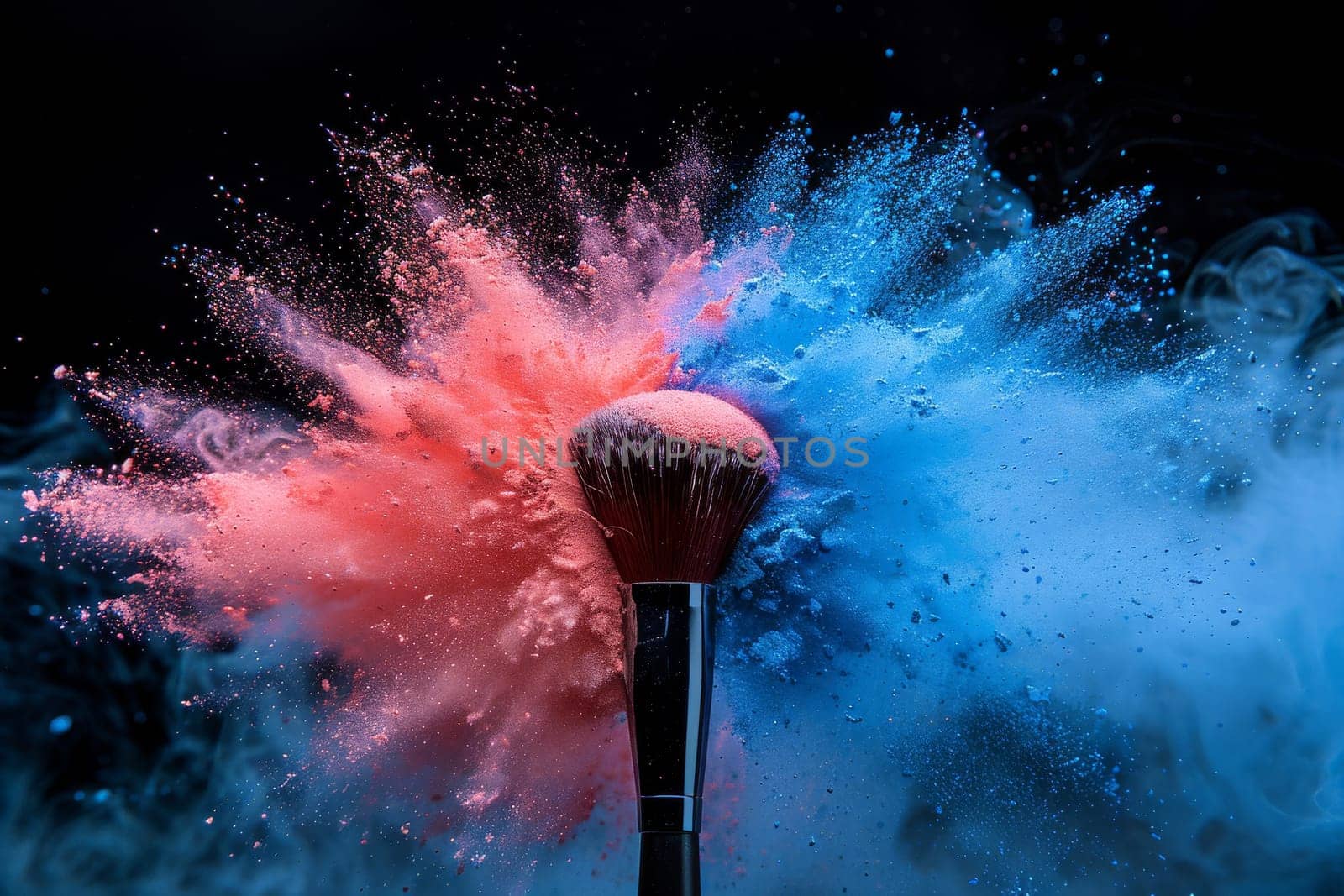 A makeup brush is covered in colorful powder, creating a vibrant and energetic atmosphere. The brush is surrounded by a cloud of smoke, adding to the dramatic effect