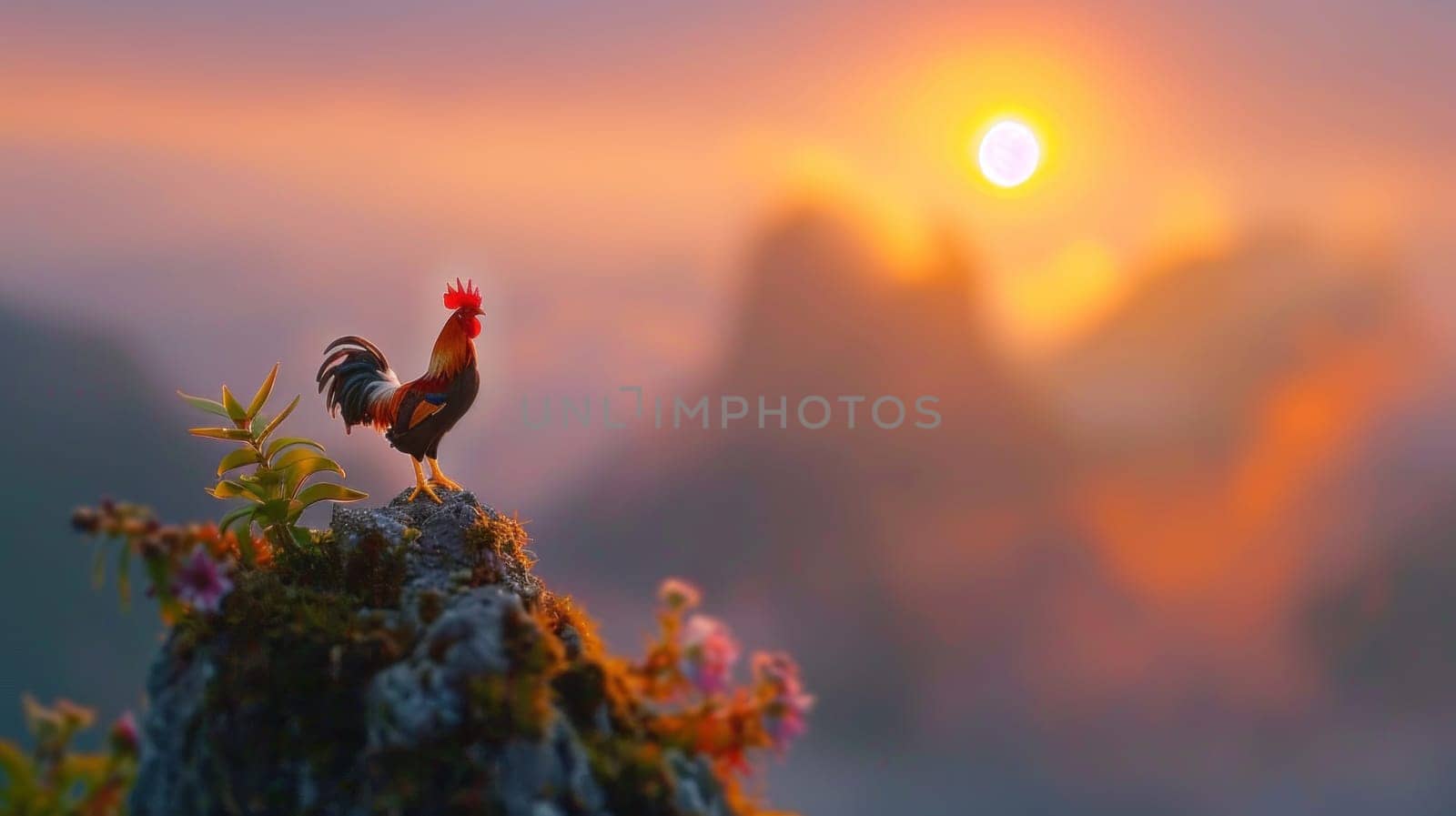 Rooster Standing on Mountain Peak at Sunrise with Exaggerated Features for Miniature Diorama Concept Magical and Whimsical Atmosphere.
