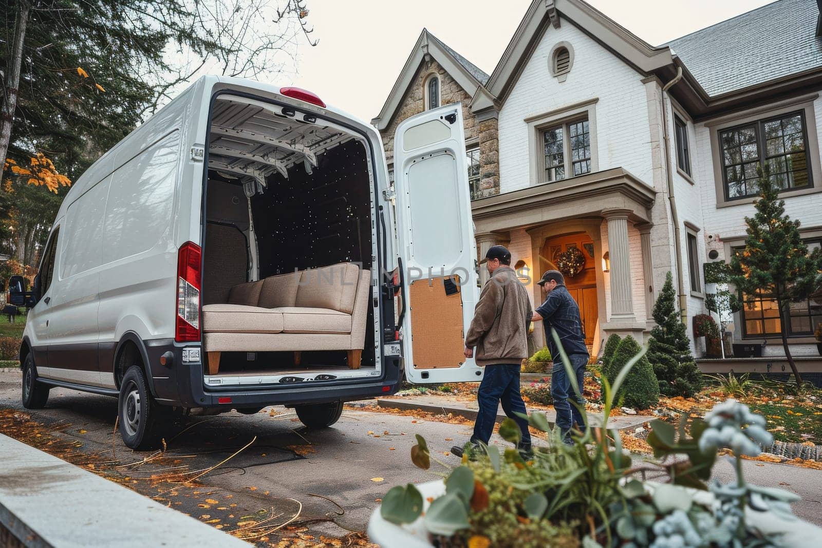 Two men are carrying a couch out of a white van. Moving House concept..