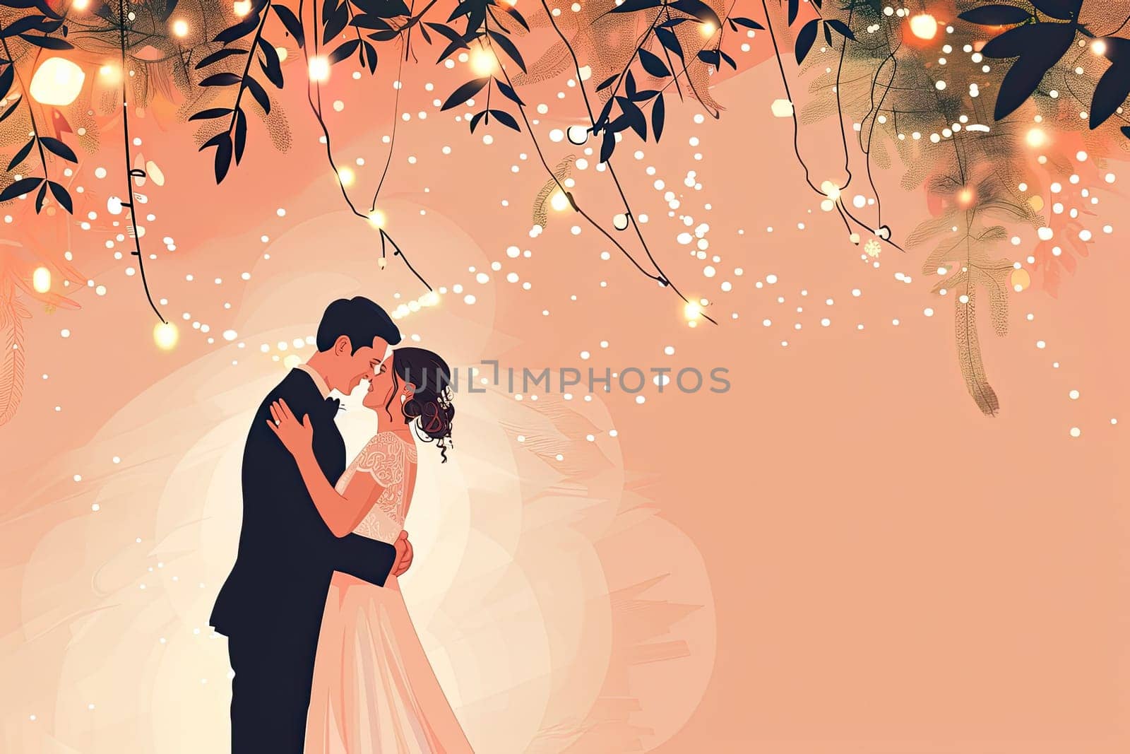 Illustration of Groom and Bride Dancing First Dance Surrounded by Twinkling Lights and Romantic Ambiance Concept Wedding Romance.