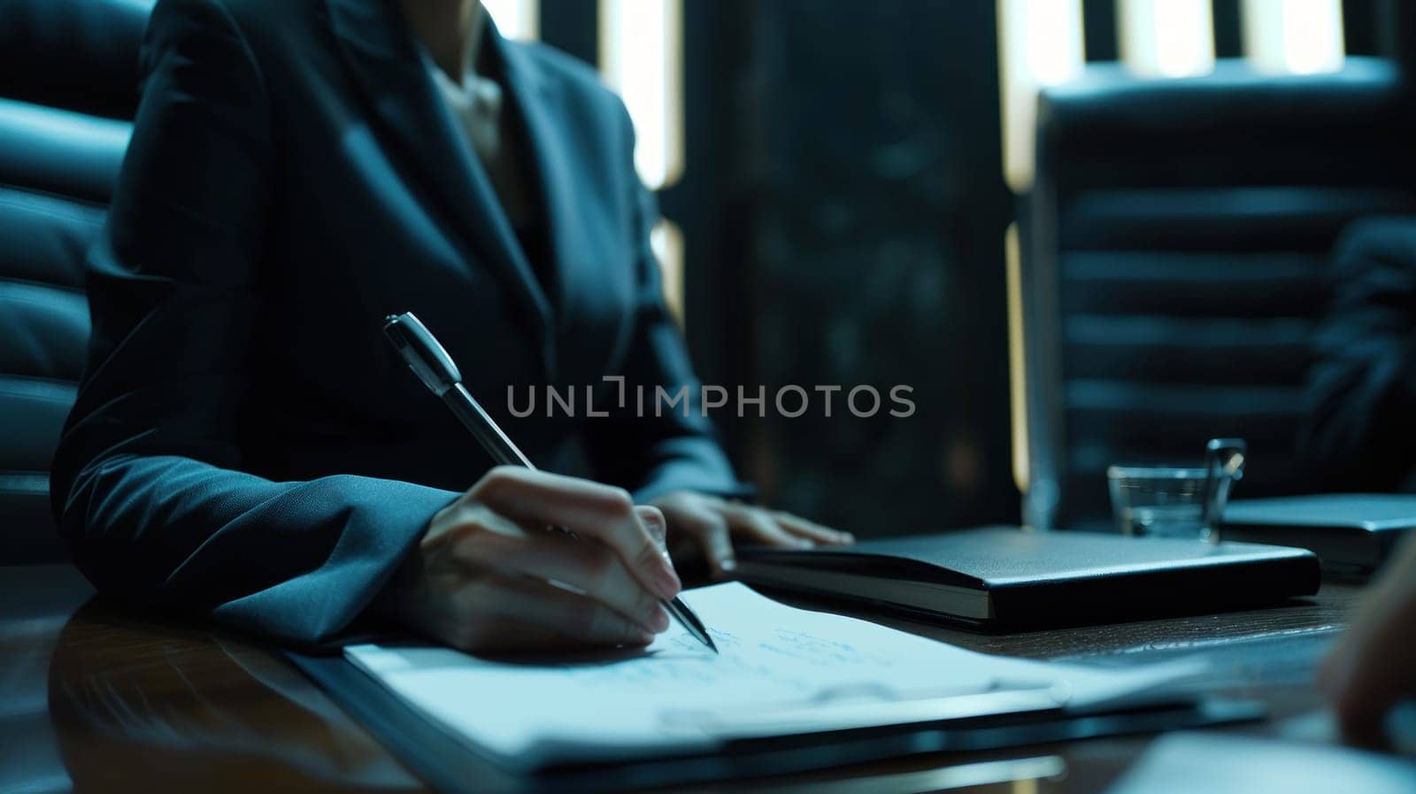 Businesswoman Taking Notes During Meeting with Clients Concept Professional Engagement and Client Interaction.