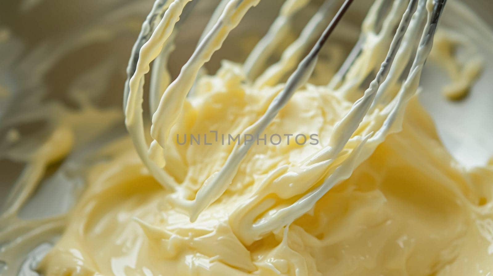 Whisk in bowl with creamy yellow batter, butter or custard, homemade baking and traditional food, country life