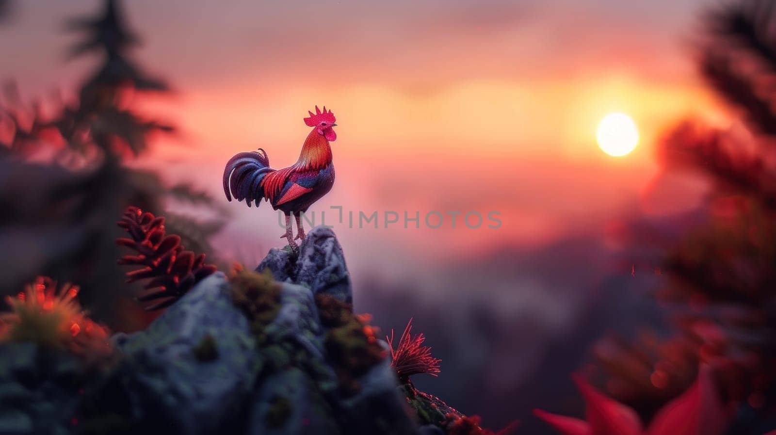 Rooster Standing on Mountain Peak at Sunrise with Exaggerated Features for Miniature Diorama Concept Magical and Whimsical Atmosphere.