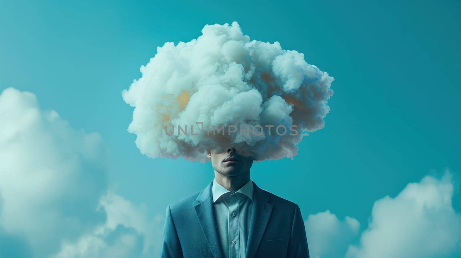 Individual in Suit with Fluffy Cloud Head on Bright Blue Background Concept Surreal Advertising Content Space.