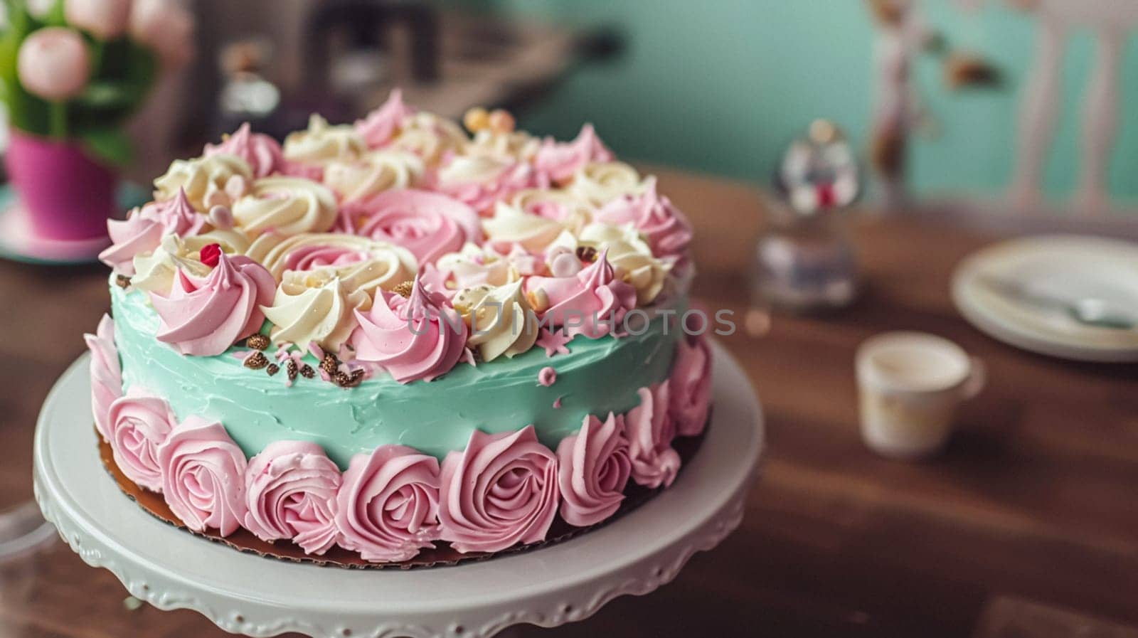 Birthday tablescape or candy bar with sweets, Birthday cake and cupcakes, beautiful party and celebration