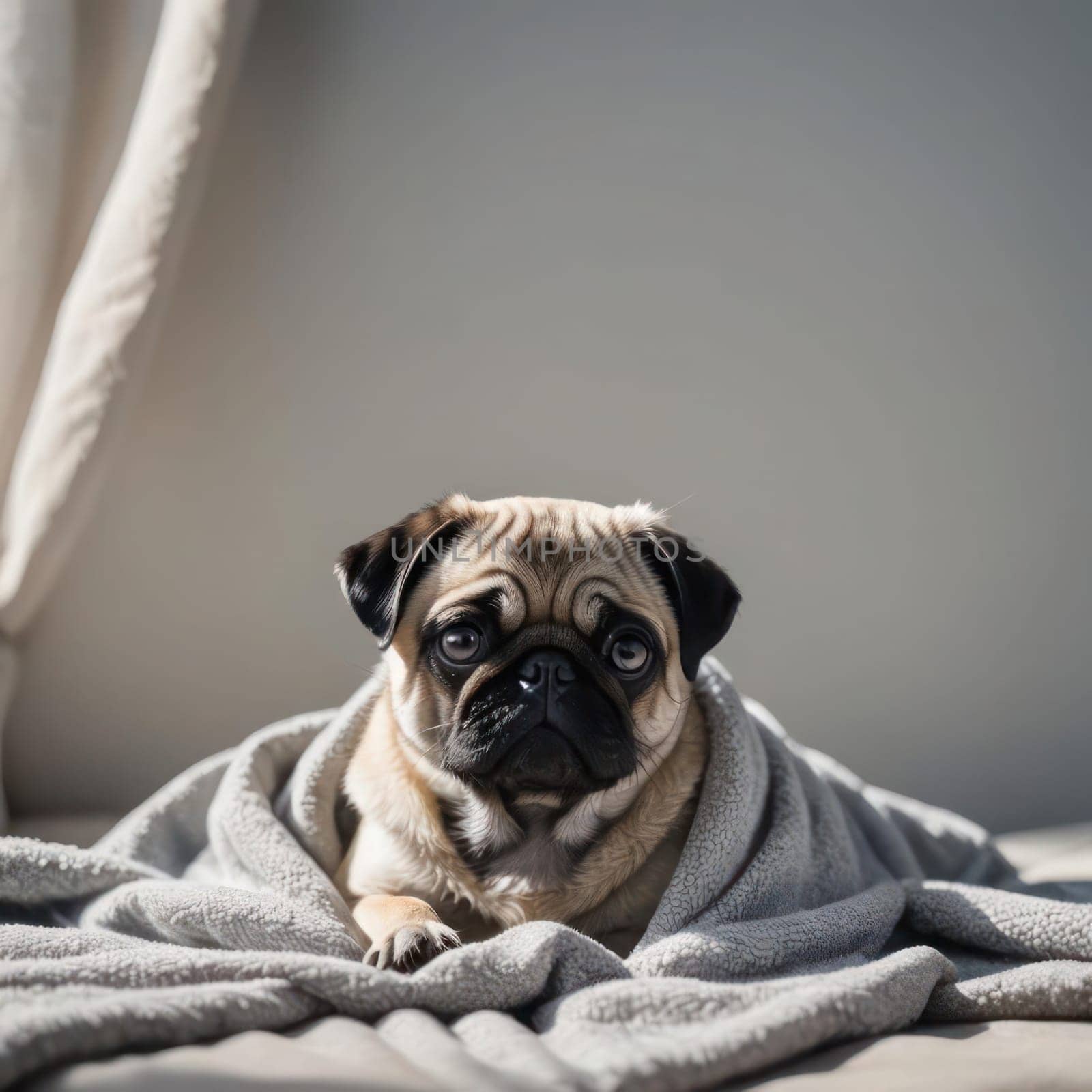 Beautiful pug puppy on a soft blanket near the window.Portrait photo by VeroDibe