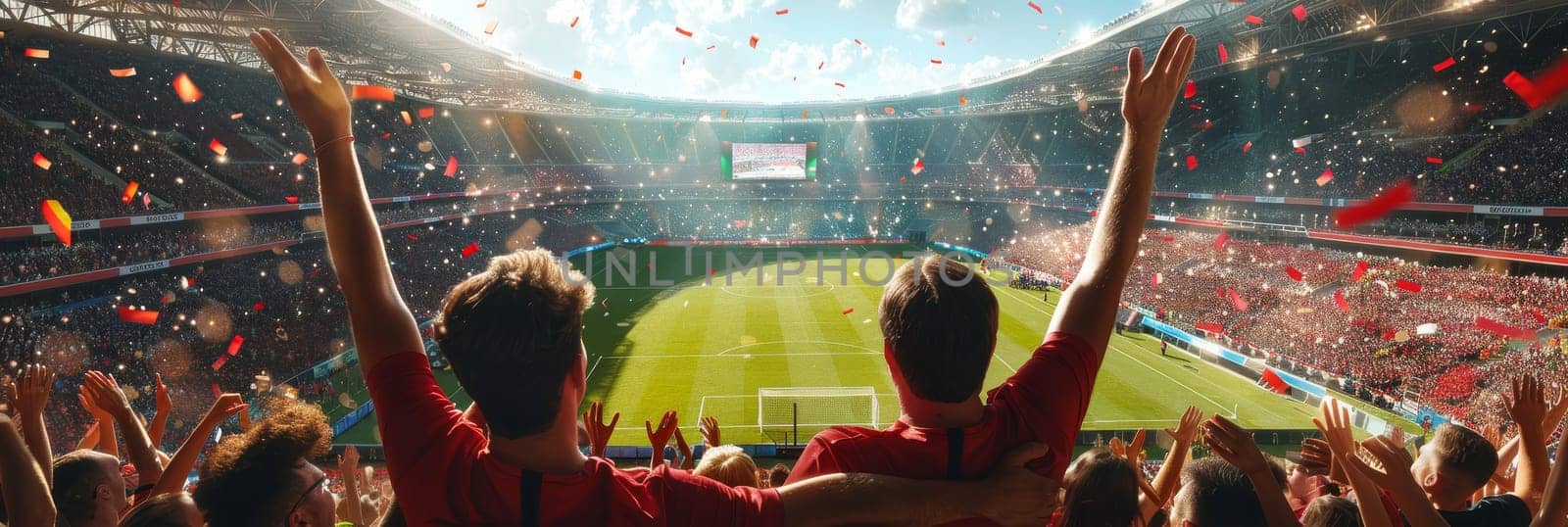 Sports fans cheering during a match in a stadium