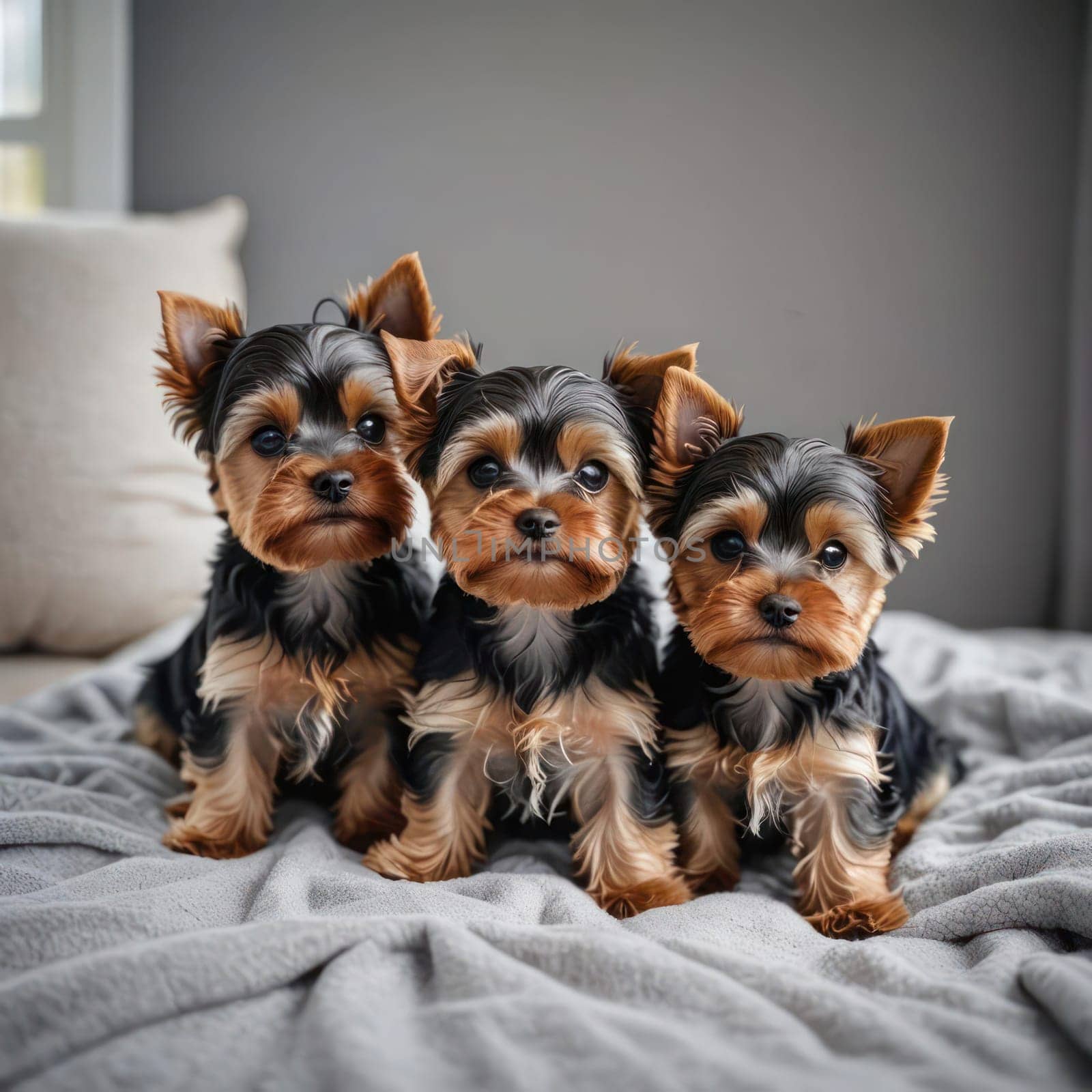 Cute funny yorkie puppy triplets on a soft blanket. Portrait photo. AI generated by VeroDibe