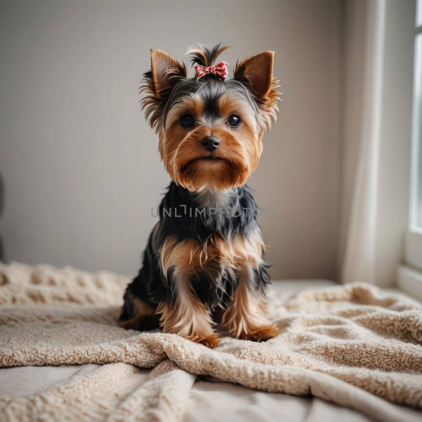 Cute yorkie puppy by the window . Generated by Ai. Banner for canine products promotion