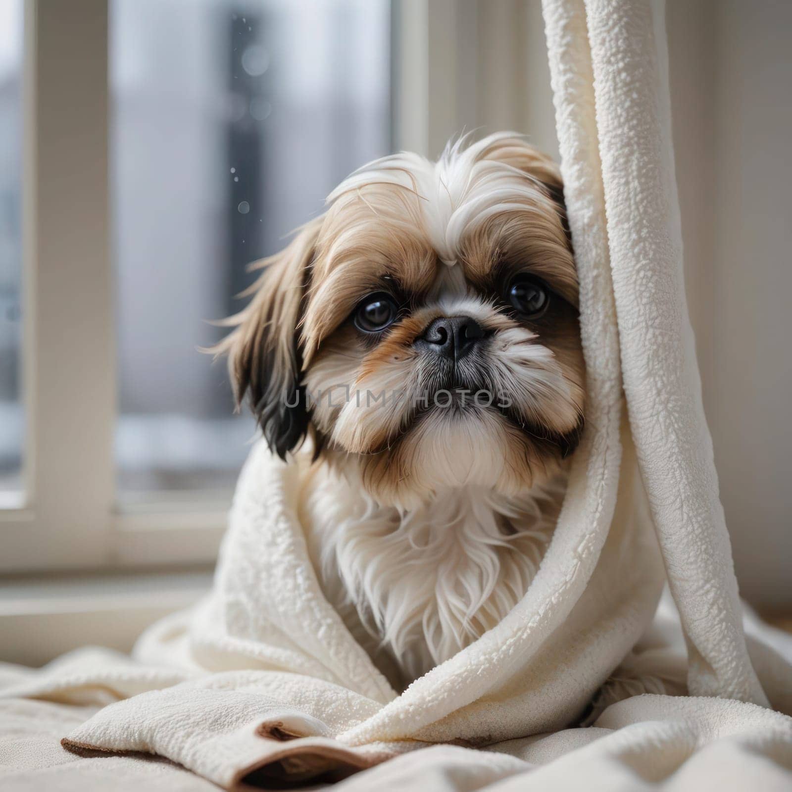 Lovely shih tzu puppy warm on white blanket by the window of the garden by VeroDibe