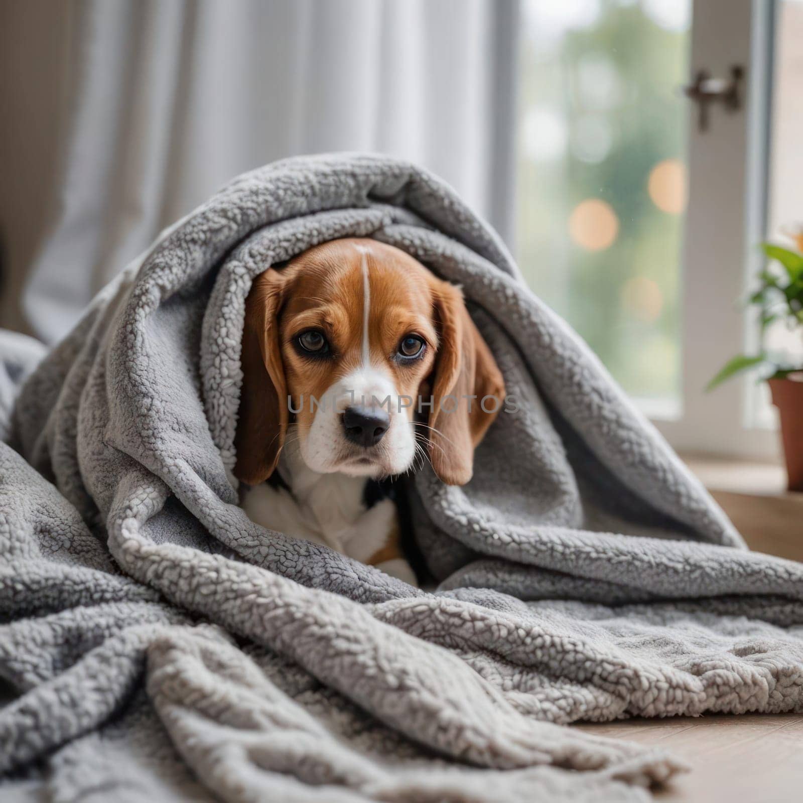 Beagle puppie under a soft grey blanket. near the windows Blurred background. by VeroDibe