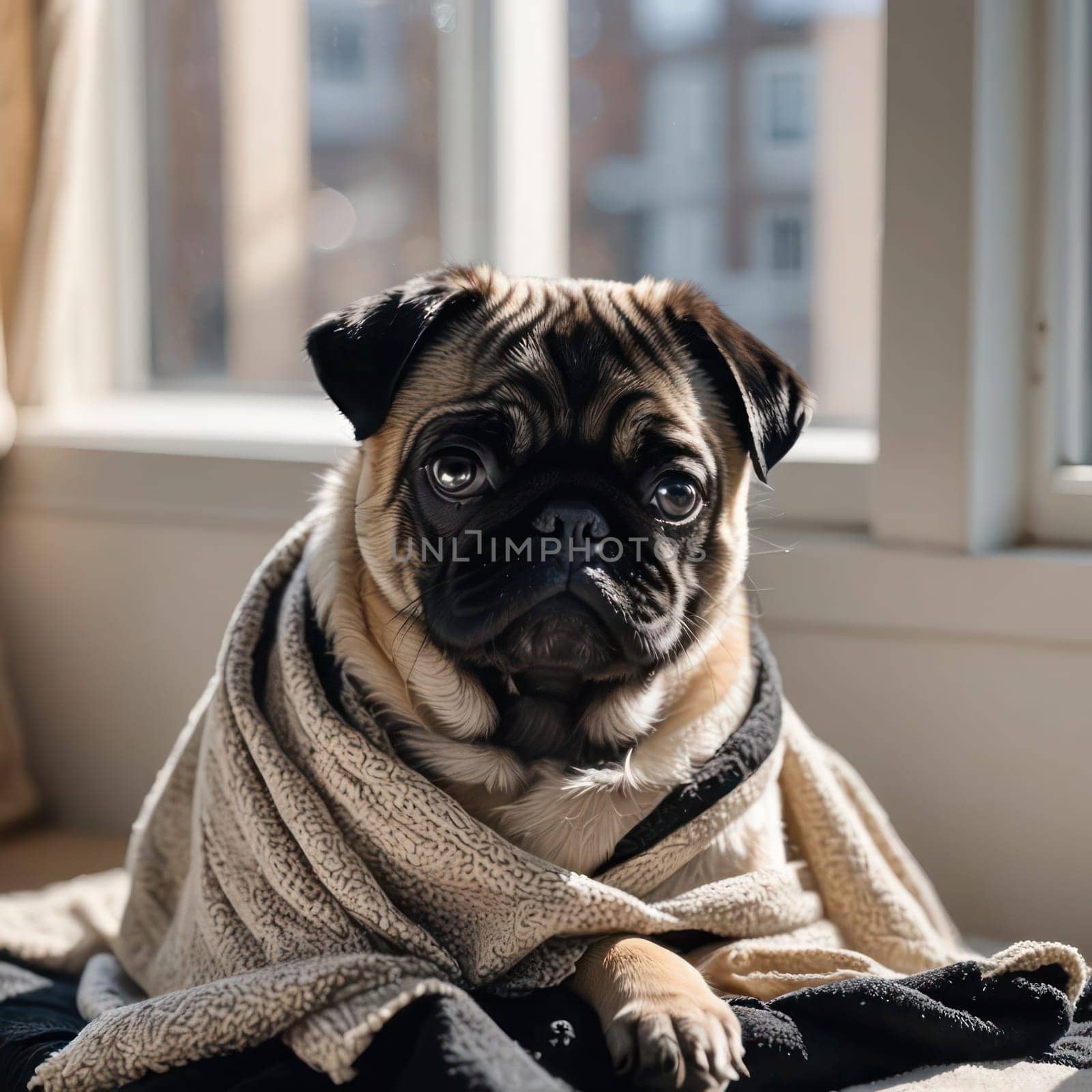 Angry face pug puppy on a soft blanket near the window.Blurred background by VeroDibe