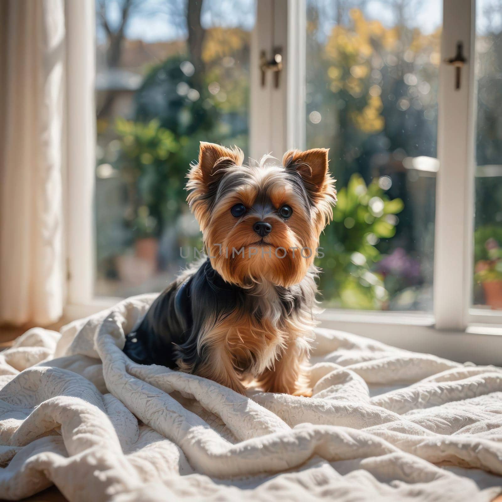 Cute yorkshire puppy on a blanket, backlight, portrait photo. Blurred background by VeroDibe