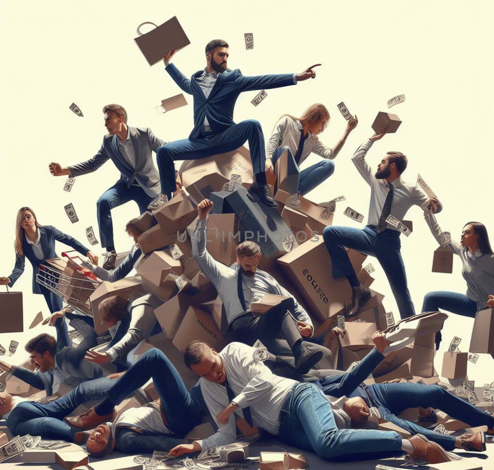 Surreal scene of people and objects in chaos to grab black friday offers at launch click day by verbano