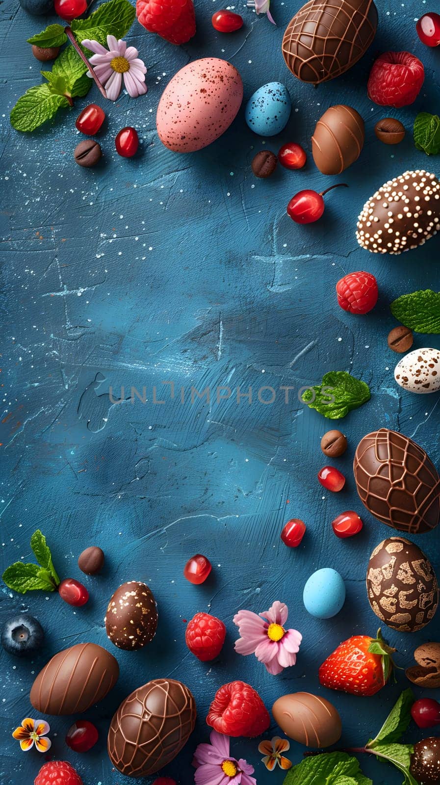 The table is decorated with various types of chocolate eggs, berries, and Christmas ornaments in green, blue, and red. A creative arts event showcasing natural foods and woody plants