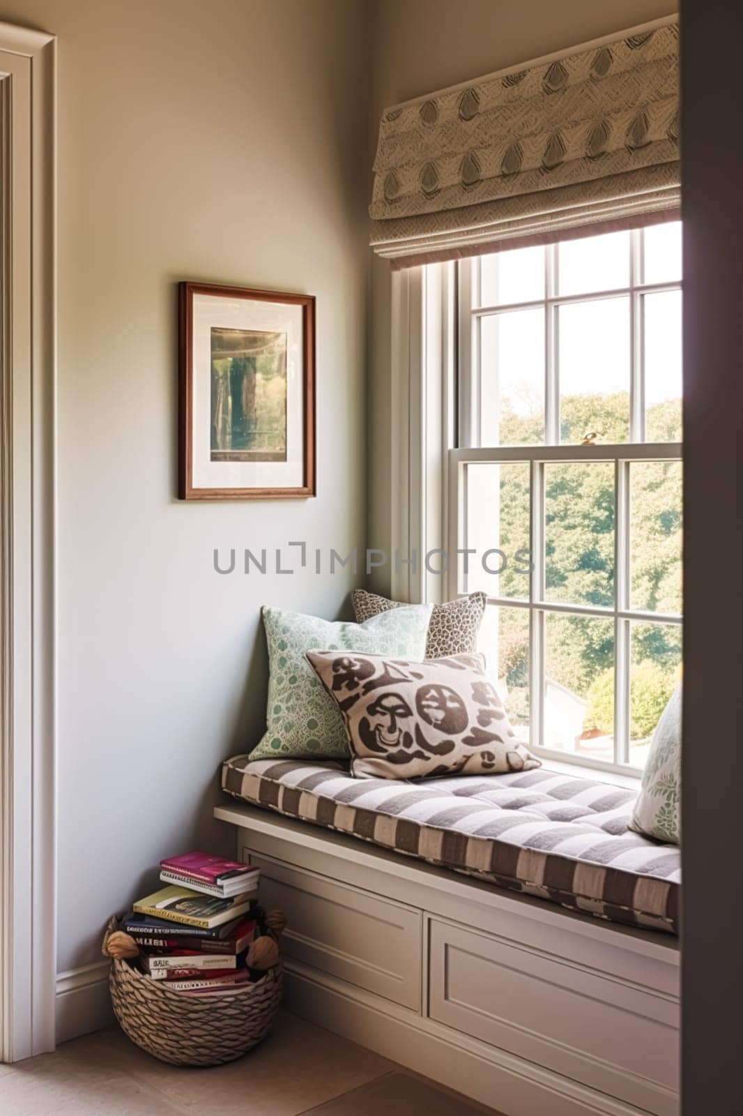 Window seat, interior design and comfort at home, reading nook with cushions and decor in a country house, English cottage style, post-processed, generative ai