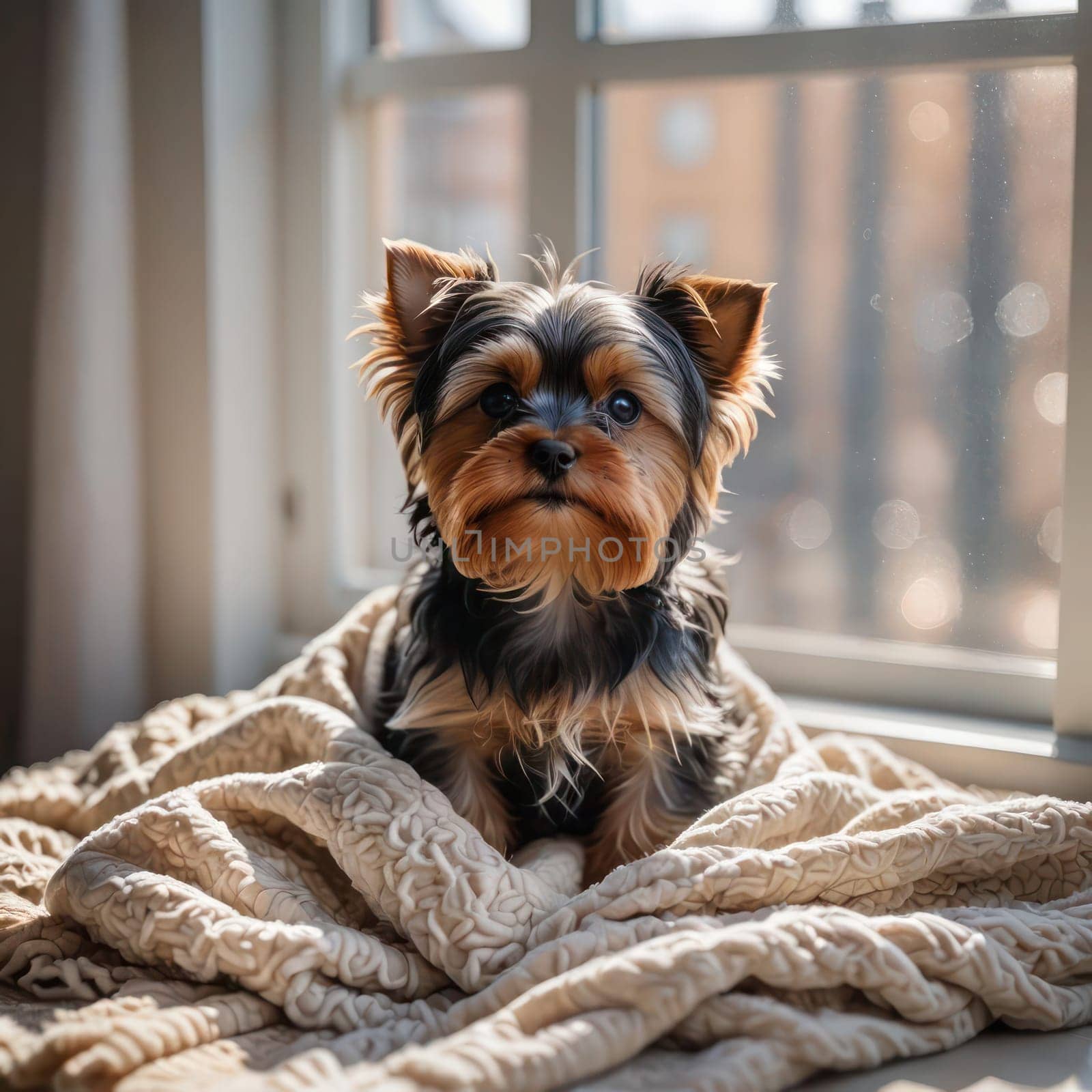 Adorable little yorkie by the windowin a sunny morning . Generated by Ai. Banner for canine products promotion