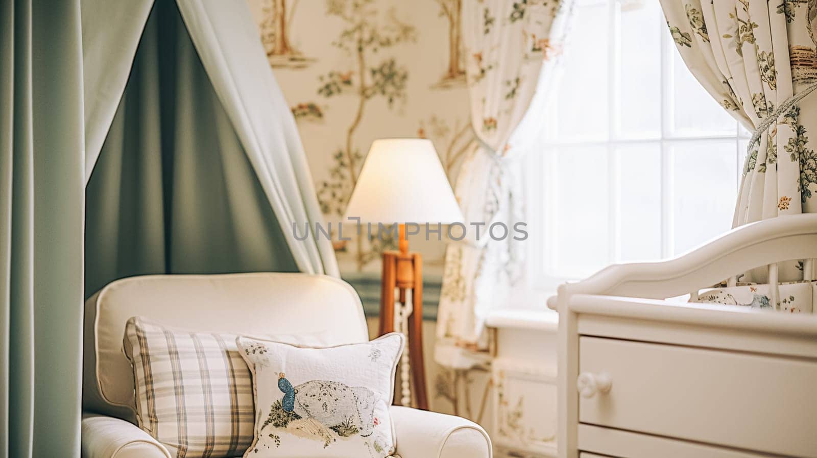 Baby room decor and interior design inspiration in beautiful English countryside style cottage