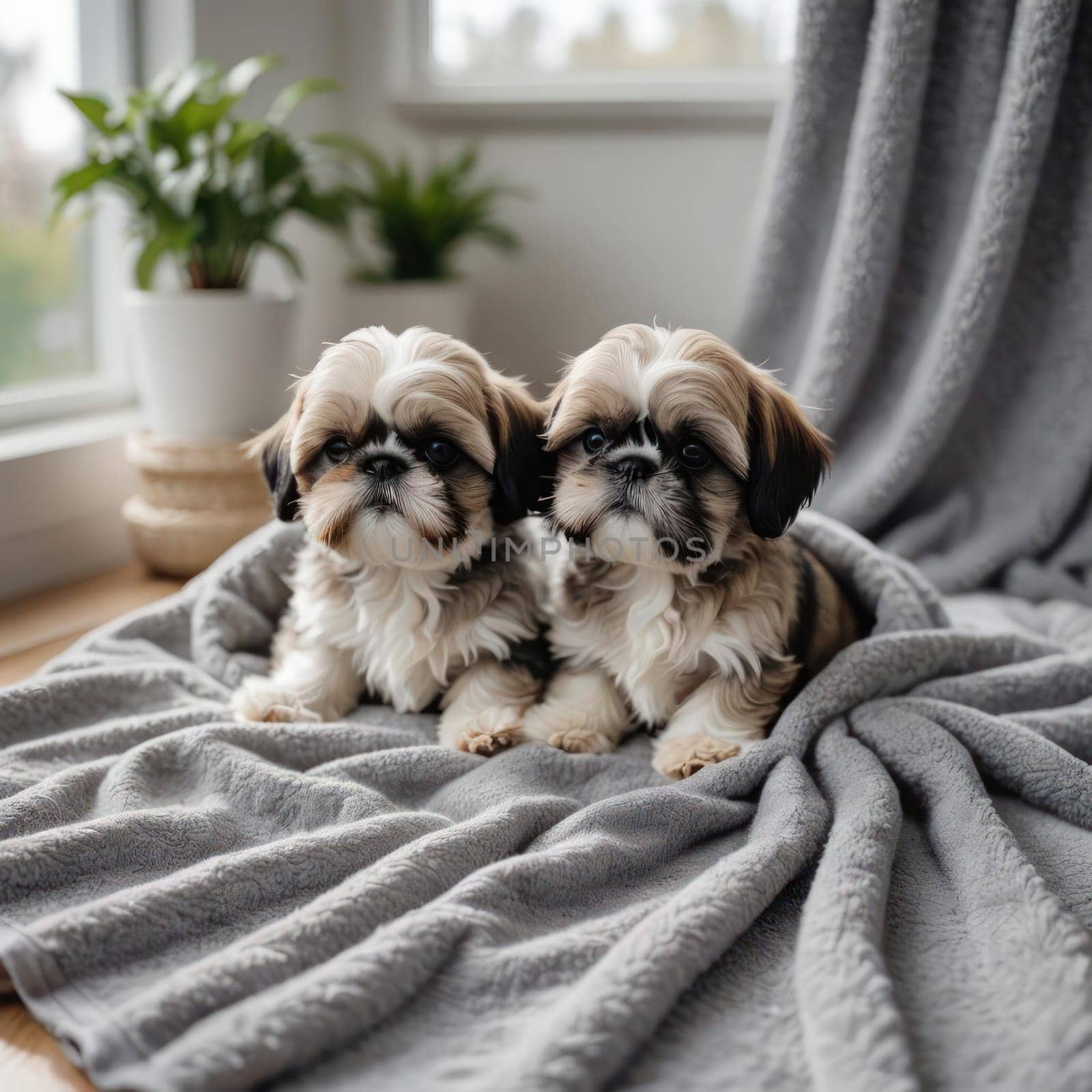 Adorable twin shih tzu puppies by the window.Blurred background by VeroDibe