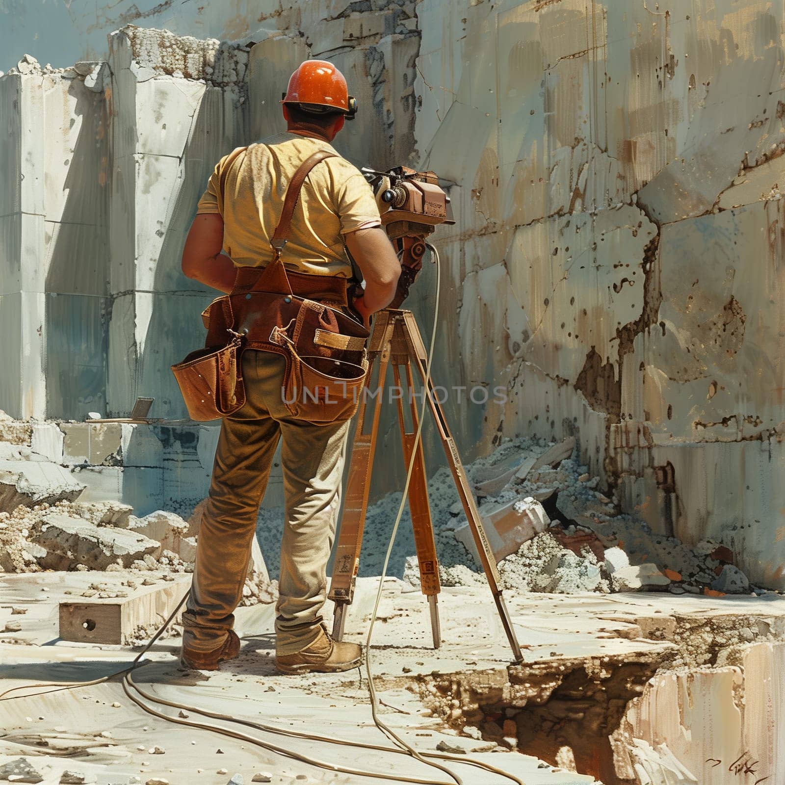 A construction worker is seen standing confidently in front of a camera, wearing a hard hat and safety gear. The worker is looking directly at the camera, with a construction site visible in the background.